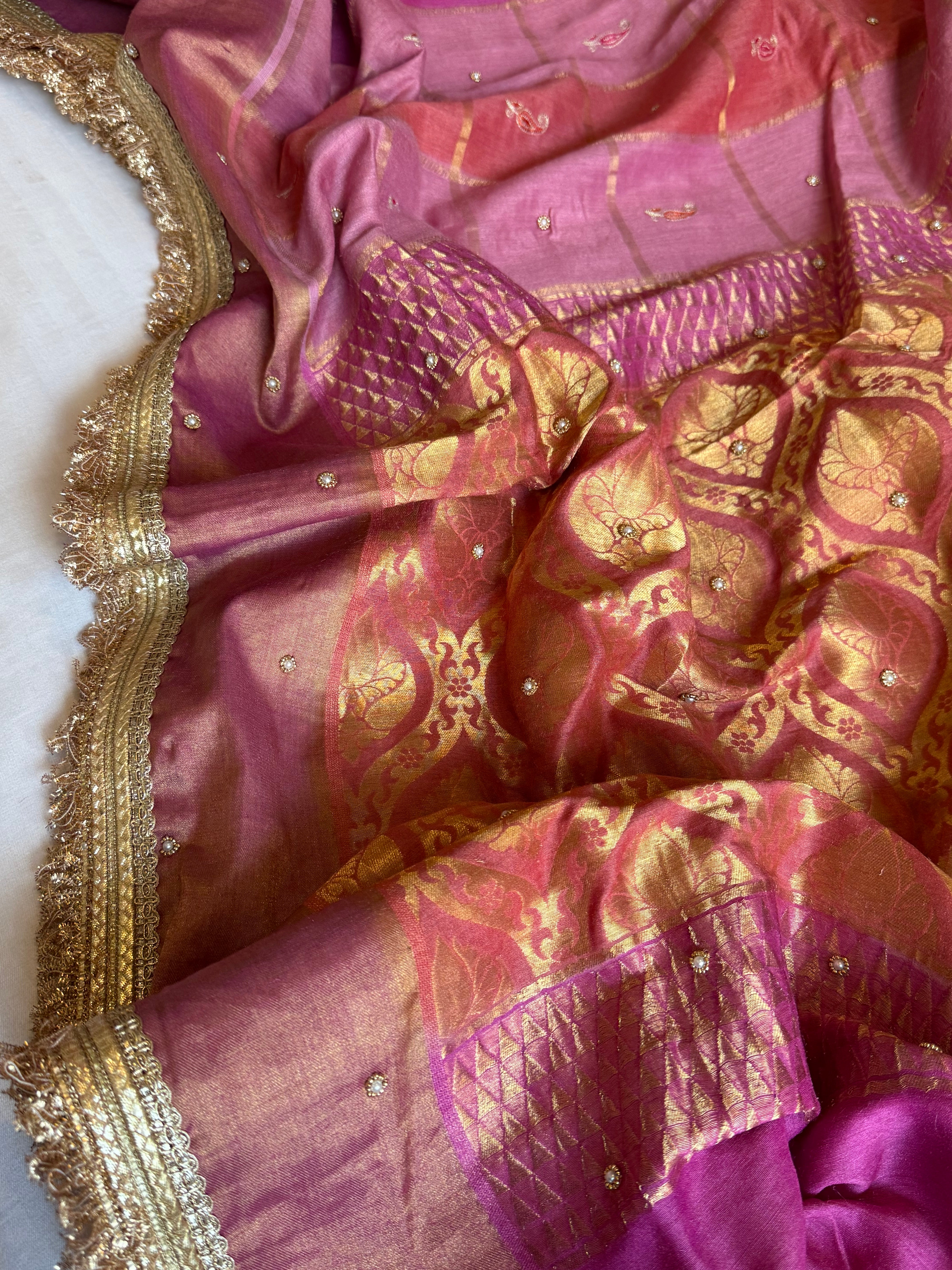 Moonga silk rangkaat kadhwa hand embroidered saree