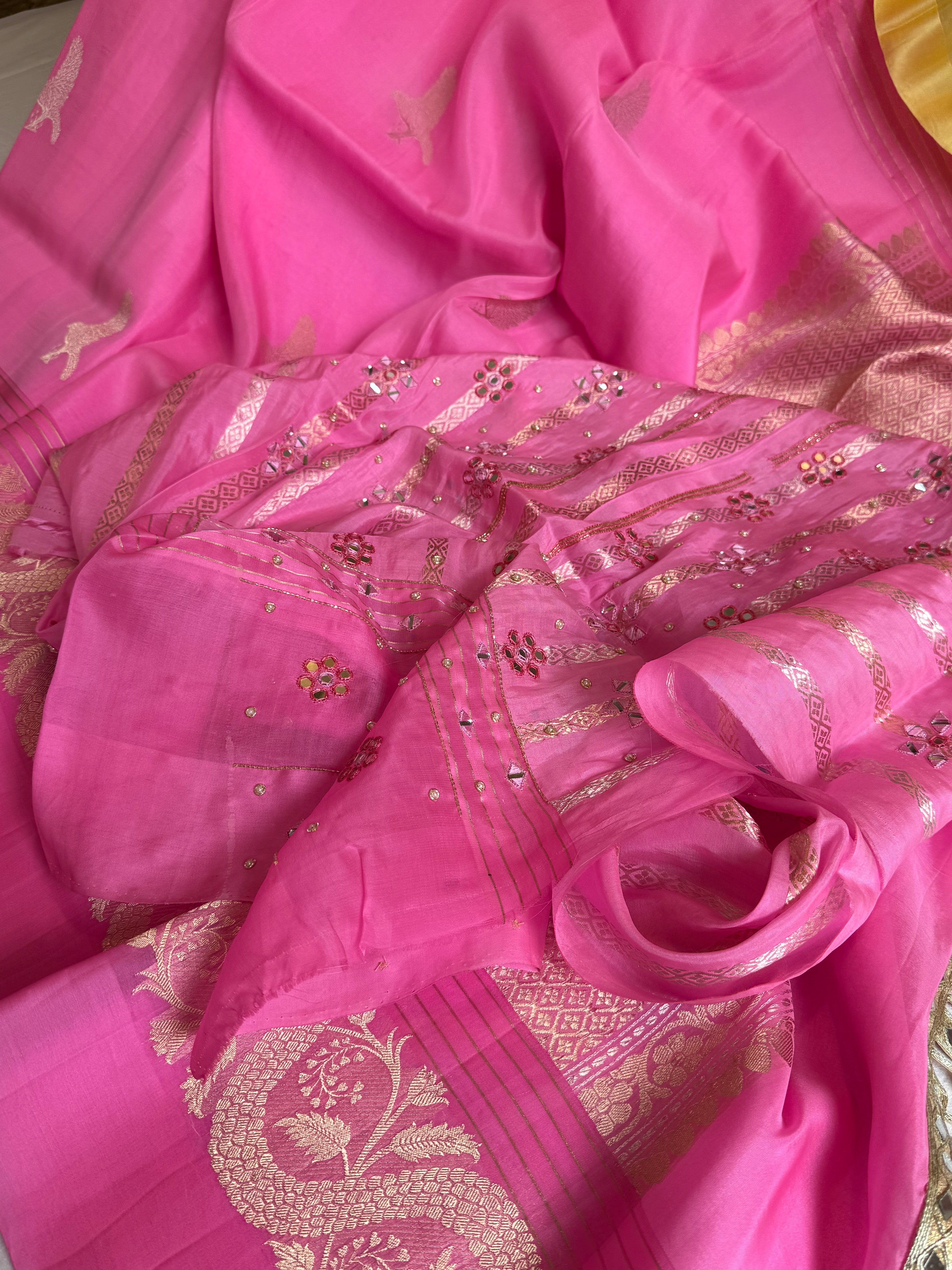 Strawberry pink banarasi kora silk hand embroidered saree