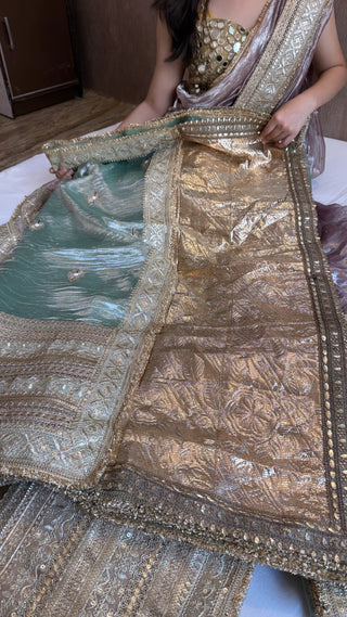 Lehenga style saree edit - Blush blue diamond tissue silk tilli work gotapatti skirt border saree