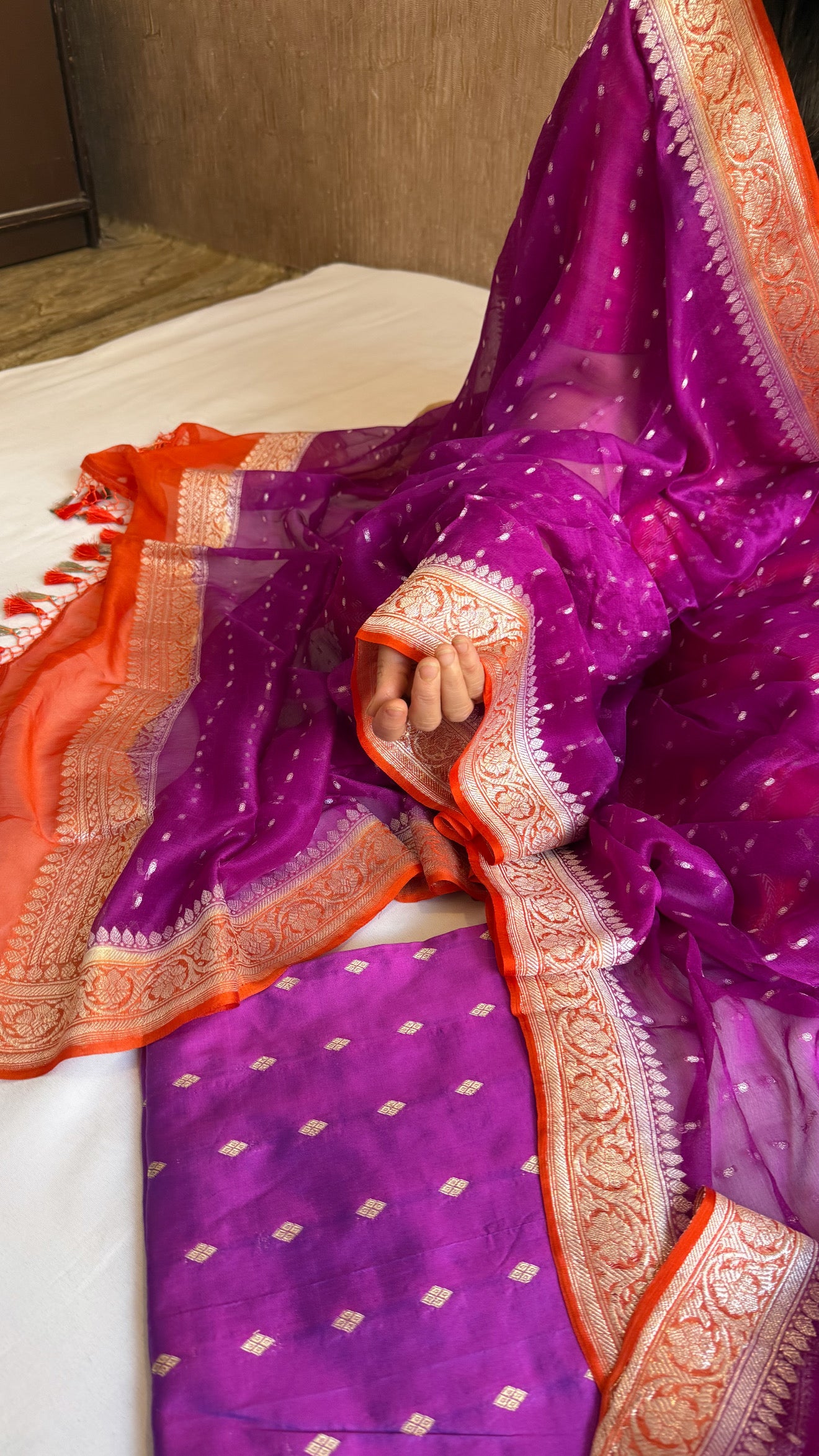 Magenta purple-fanta orange katan silk kadhwa buti kurta paired with chiffon gorgette chap dye duppata set