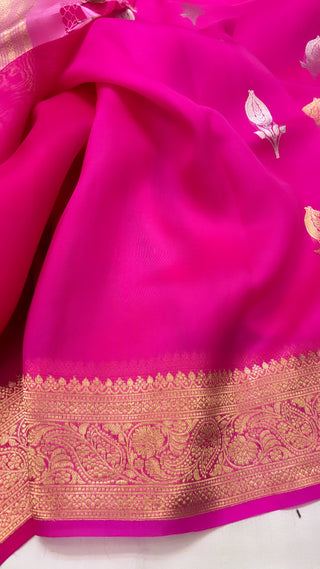 Pure banarasi hot pink ombre shaded kora silk kadhwa saree with sona rupa buti