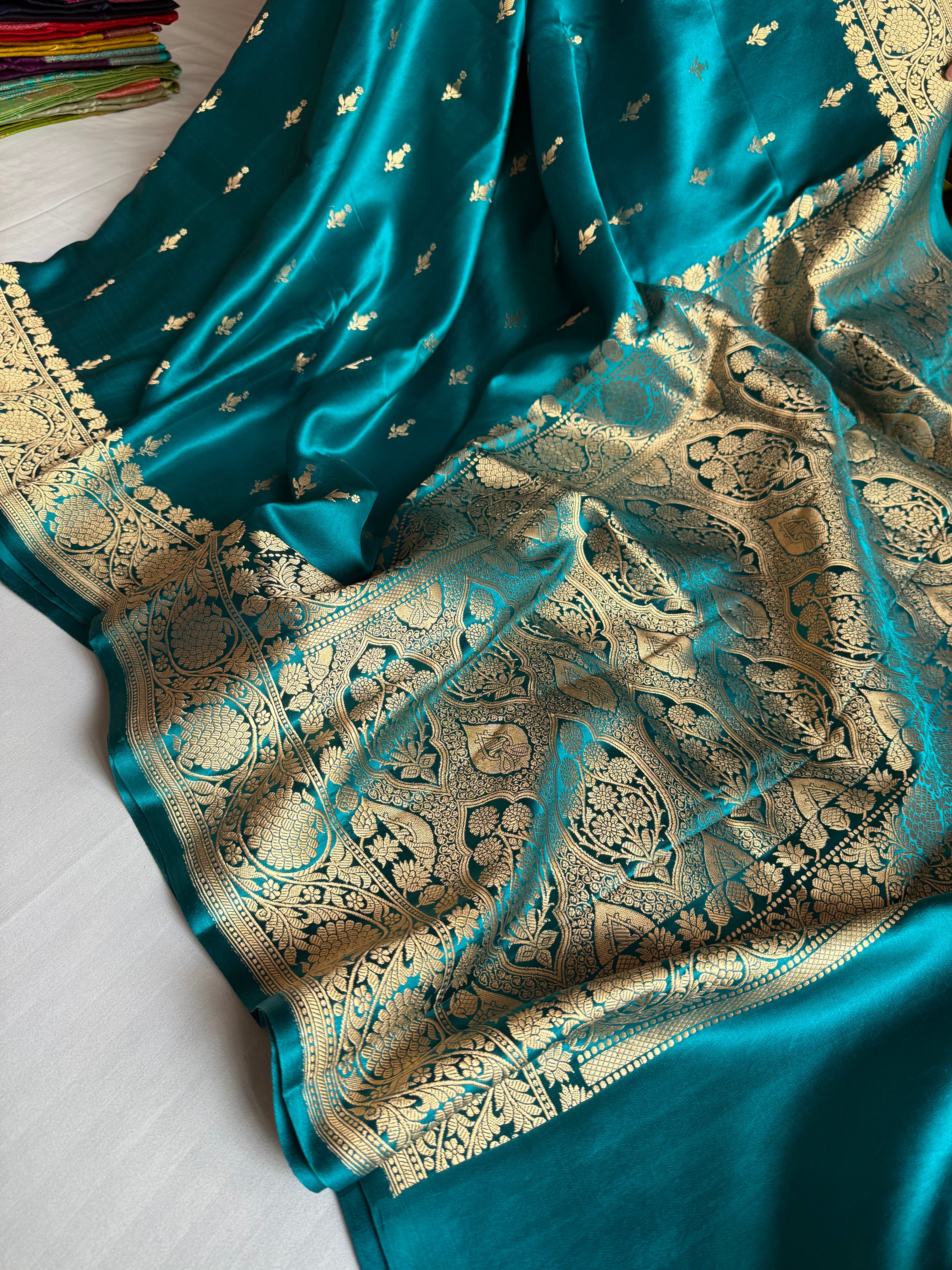 Teal shade banarasi mashru silk kadhwa border saree