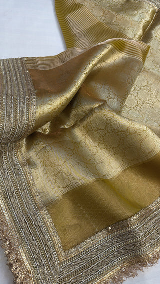 Maharani olive gold striped tissue silk saree