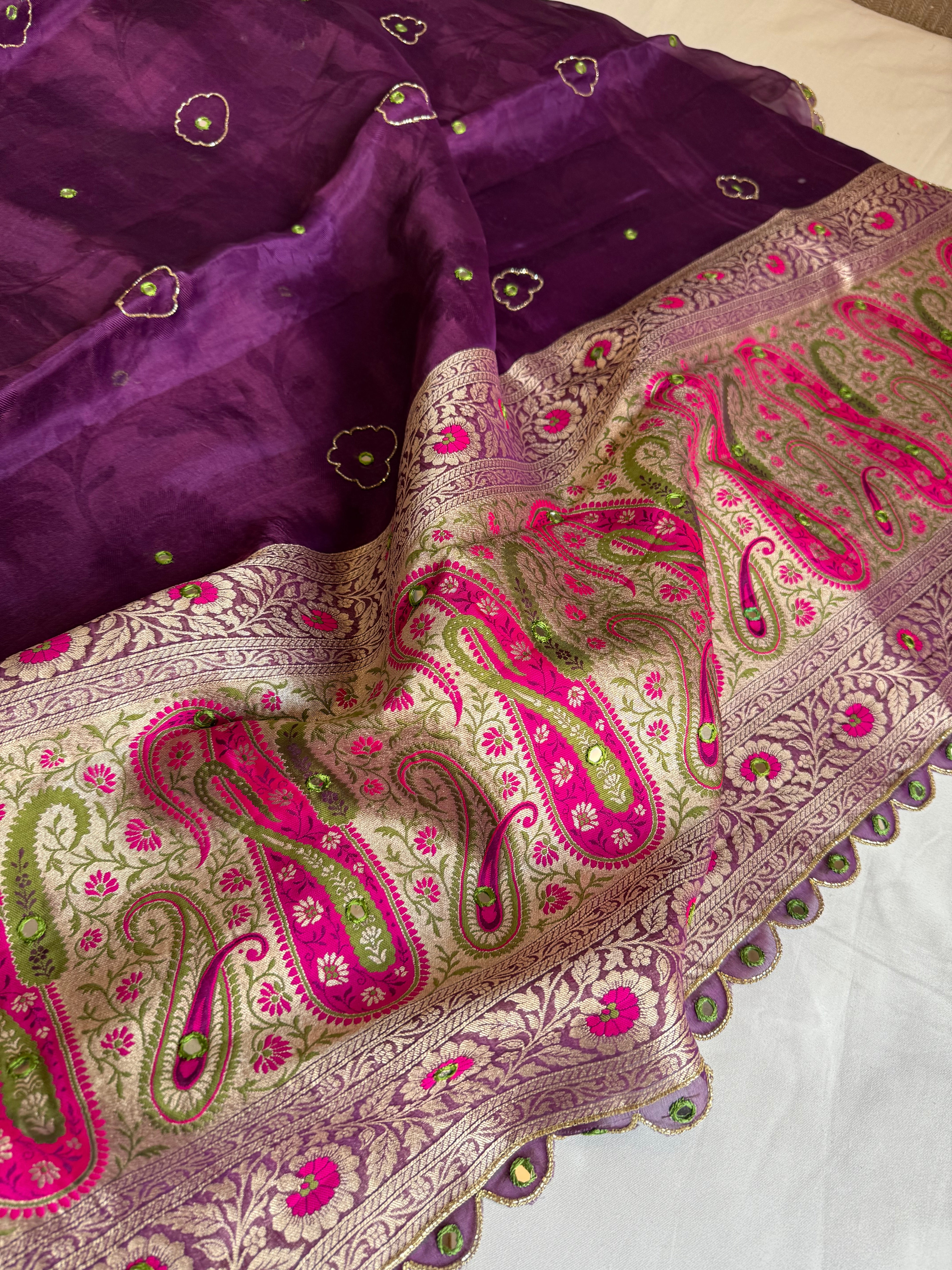 Brinjal purple tissue tanchoi meenakari jamevar pallu hand embroidered saree