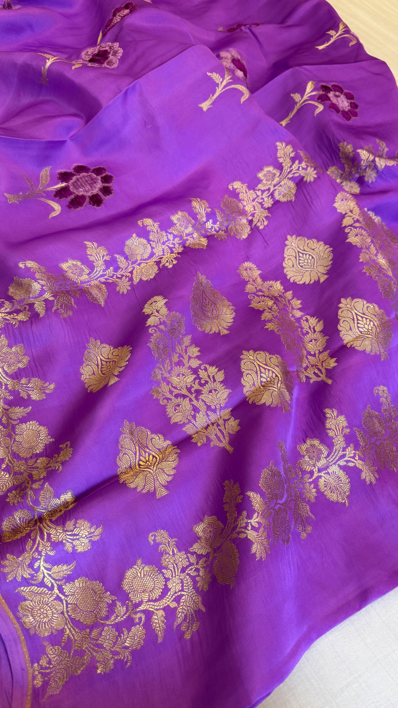 Bright violet banarasi mashru silk velvet buti kadhwa weaving saree