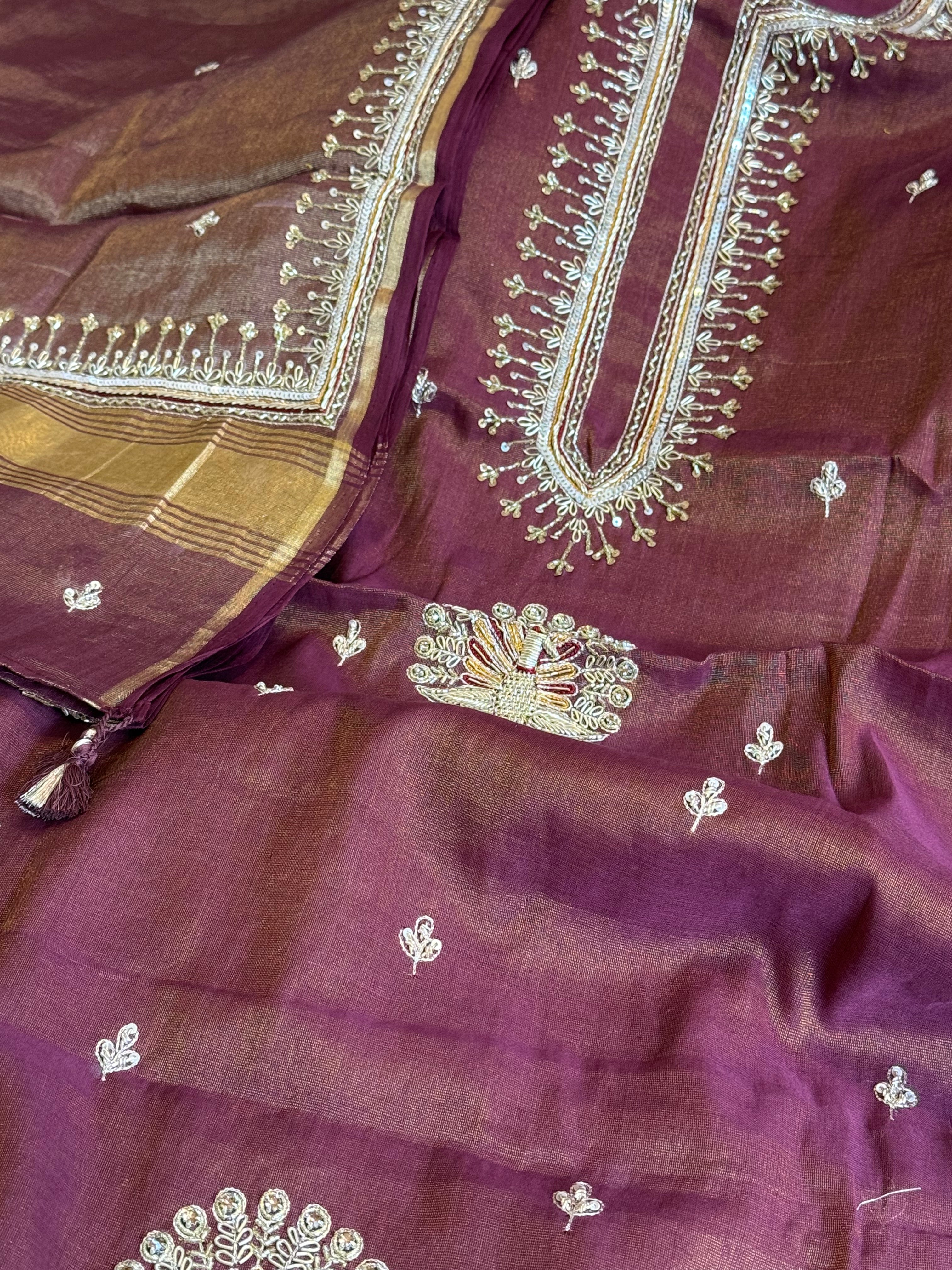 Grapewine purple mul cotton tissue silk hand embroidered kadhwa suit sets