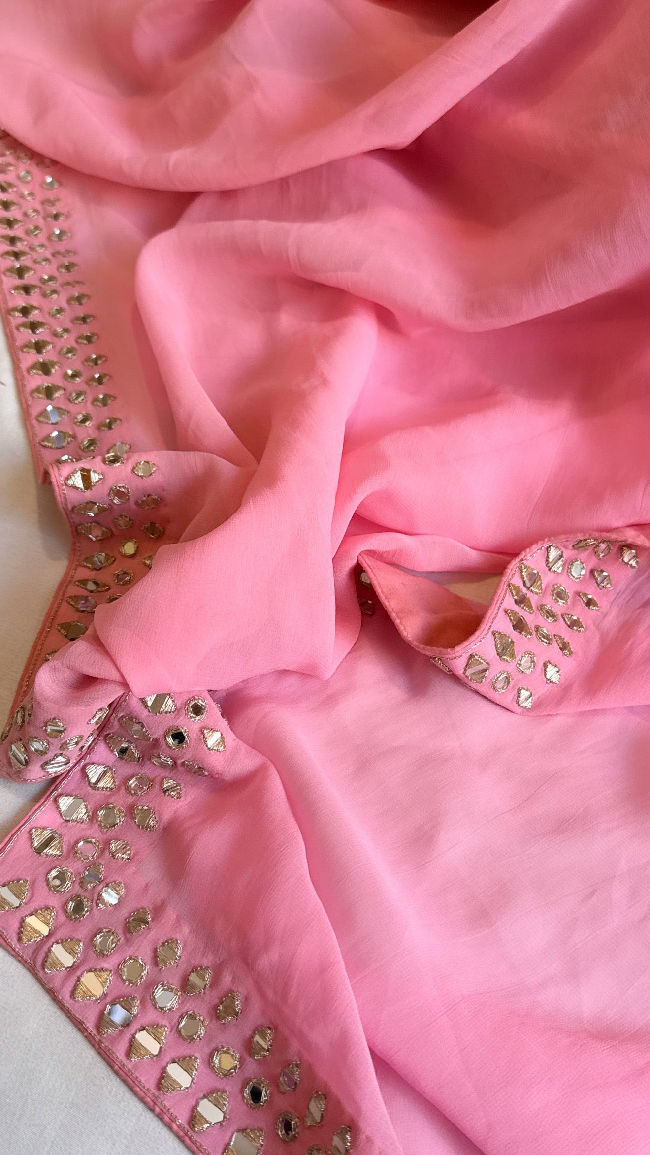 Mother’s Day offer - Candy pink chiffon gorgette mirrorwork hand embroidered sarees