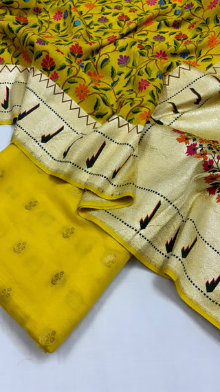 Pure Banarasi mango yellow moonga silk kadhwa buti kurta paired with kadhwa  meenedar paithani jaal intricately woven duppata and bottom set