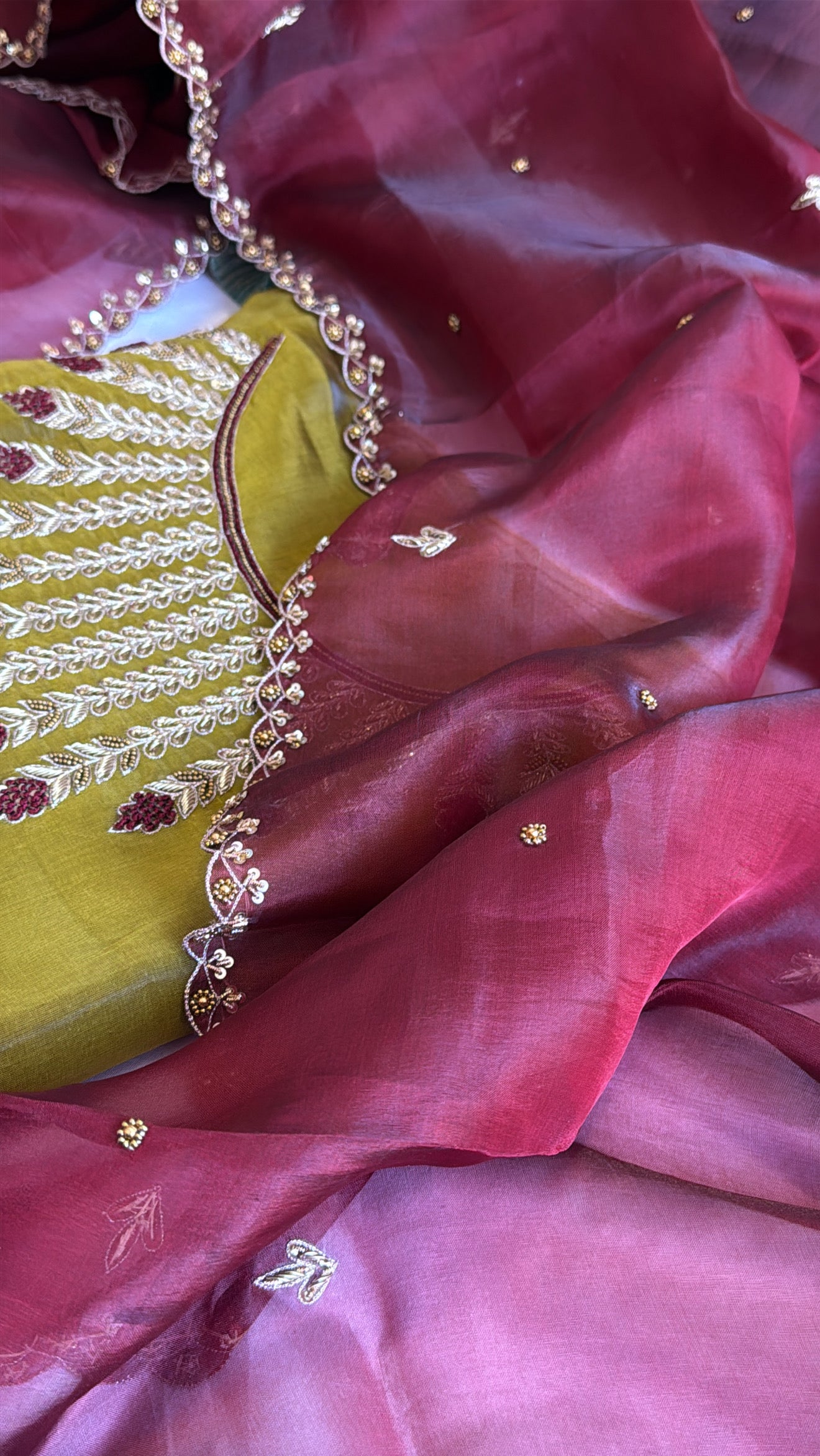 Olive green - maroonish kora silk heavy hand embroidered suit set