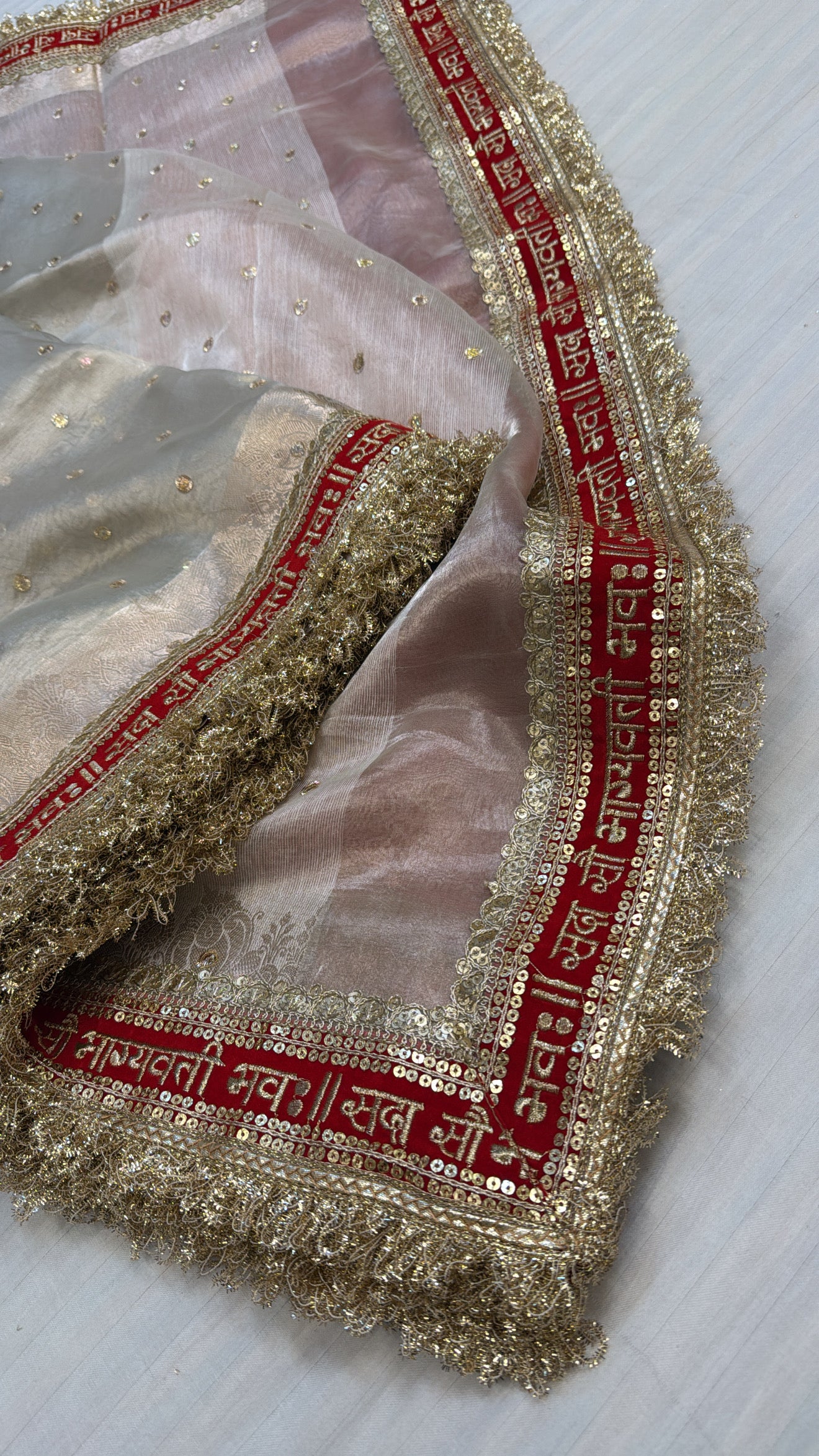 “Sada saubhagyawati” border panetar tissue silk white-red border kadhwa saree