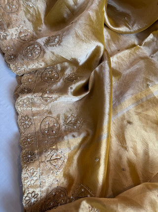 Husn soft golden tissue silk heavy zardozi hand embroidered saree