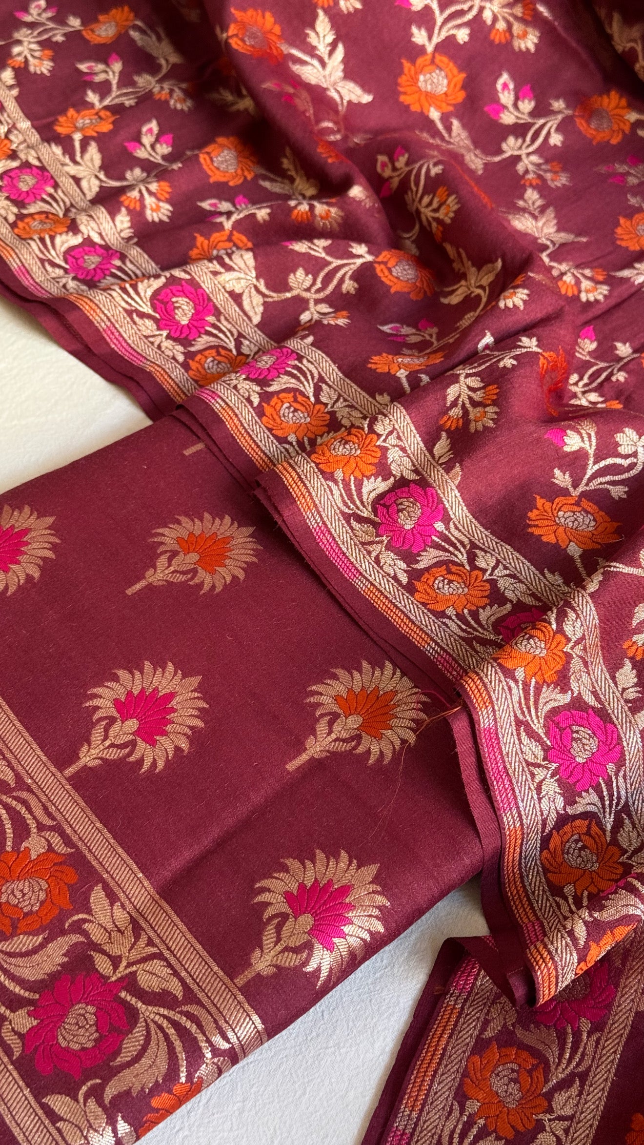 Moonga silk maroonish red meenakari kadhwa jaal suit set