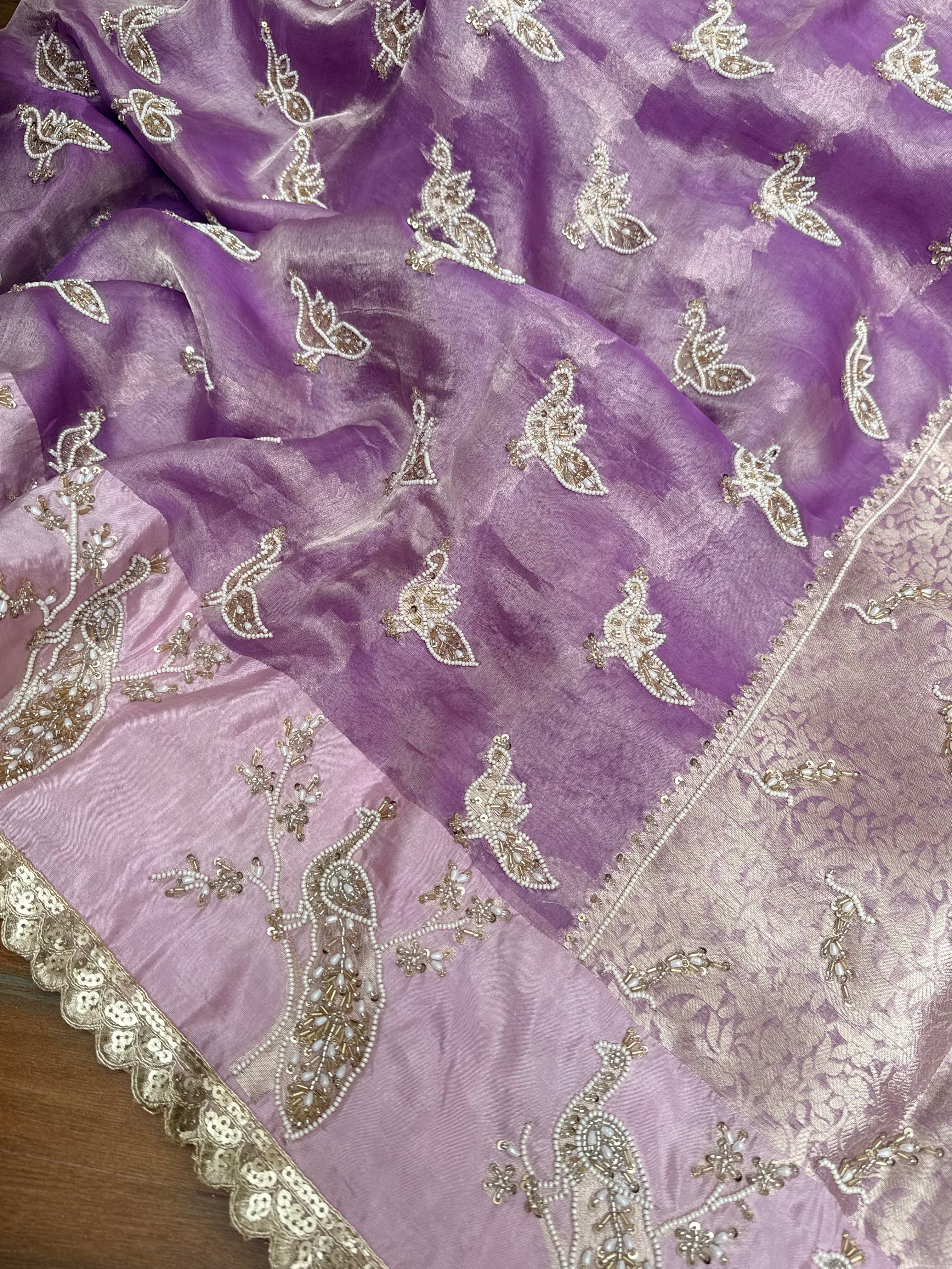 Tyohaar edit - Pearlwork morni hand embroidered tissue silk kadhwa saree