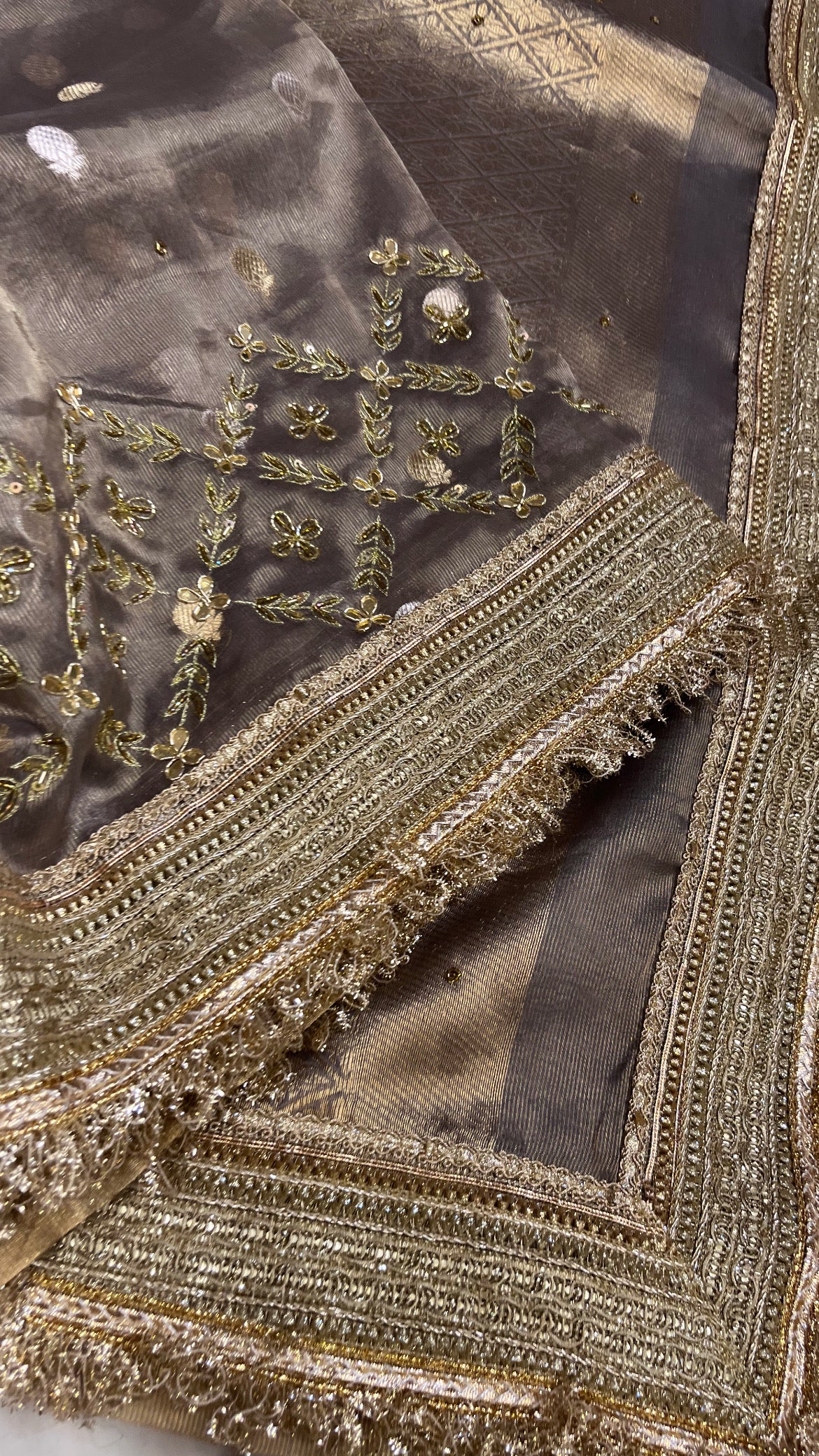 Husn chrome grey kota tissue silk hand embroidered saree