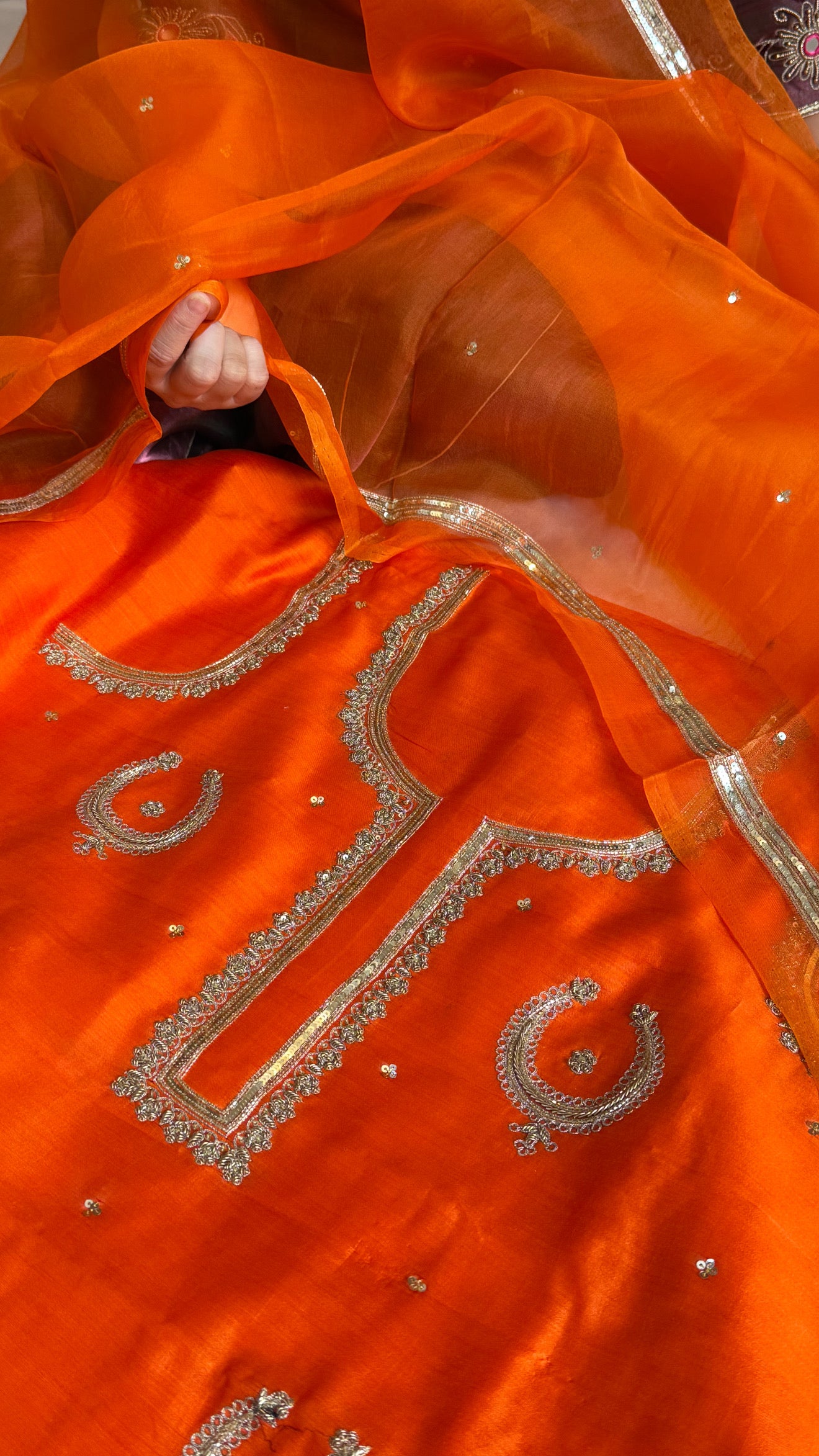 Fanta orange chand-buta chiniya silk kadhwa hand embroidered kurta paired with kora silk hand embroidered duppata set