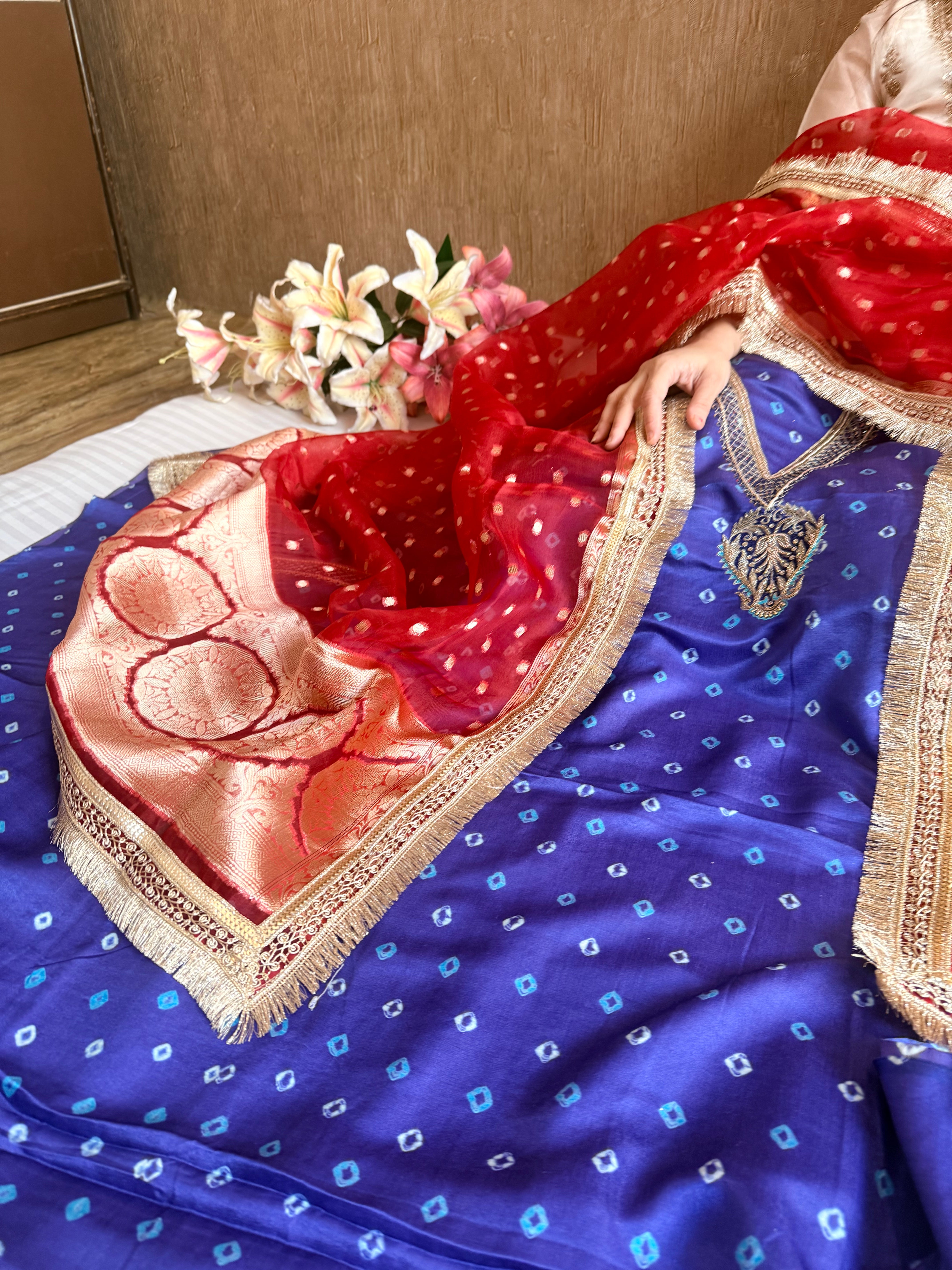Electric blue - red chiniya silk kadhwa buta kurta paired with kora silk red duppata