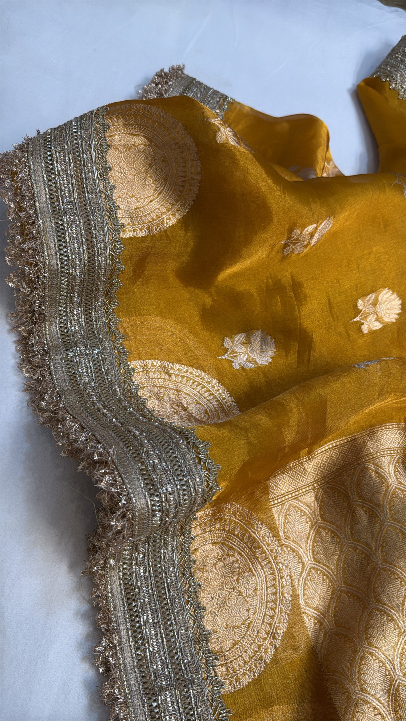 Maharani golden yellow tissue silk kadhwa buti gotapatti saree