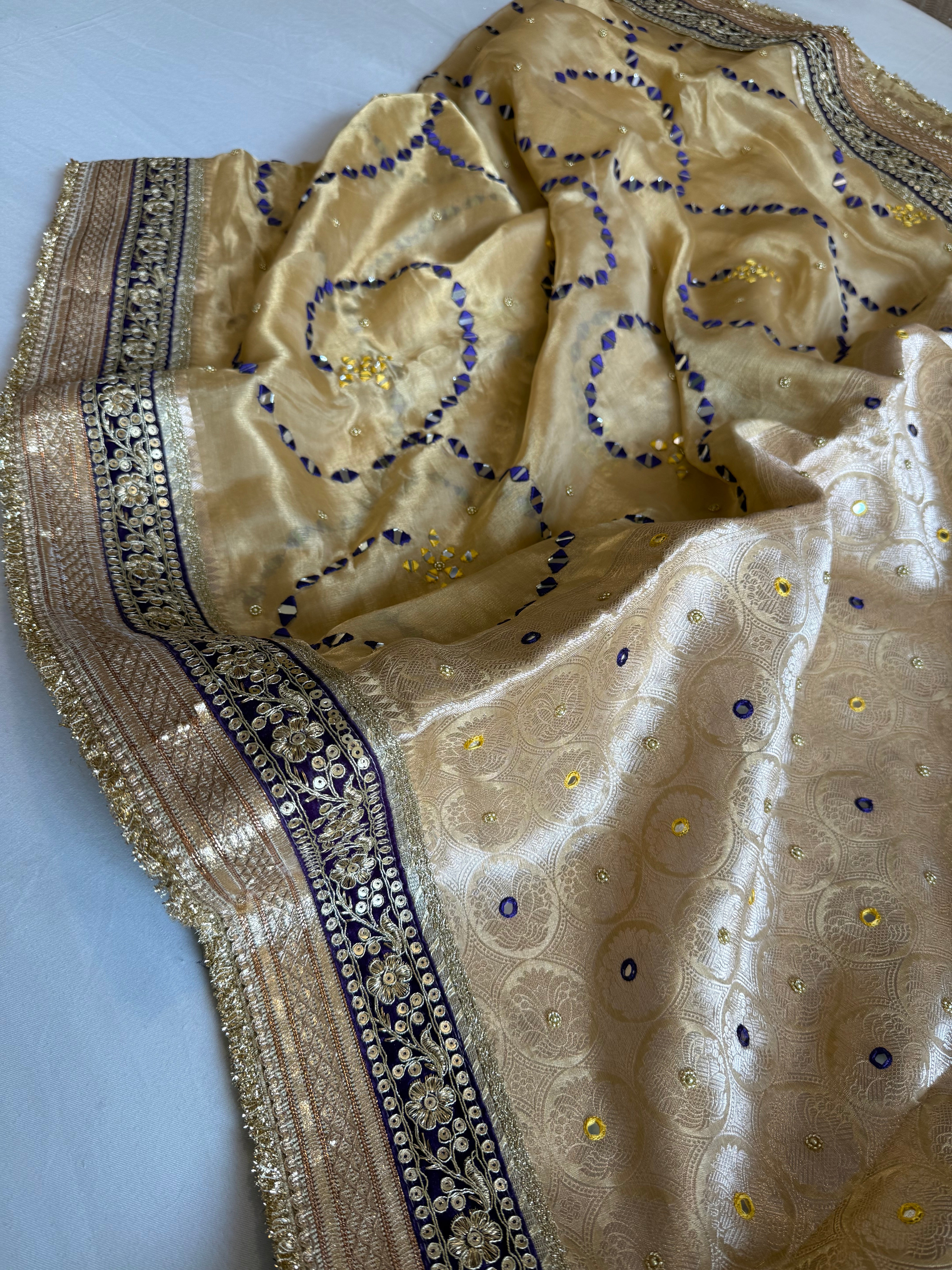 Sheesham edit - Heavy double tissue silk mirror work heavy hand embroidered saree
