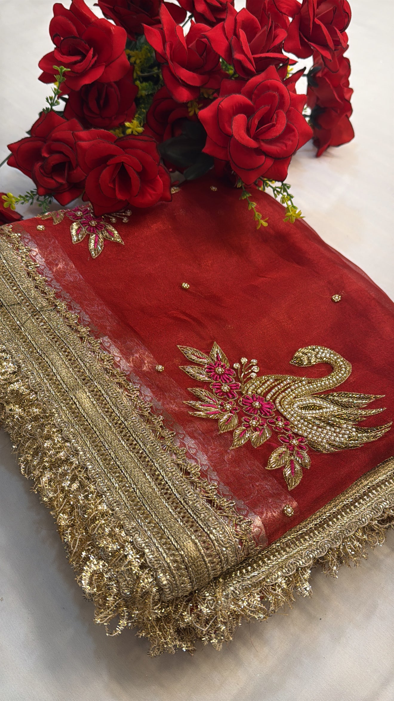 Dulhan ka joda husn red tissue silk hand embroidered saree