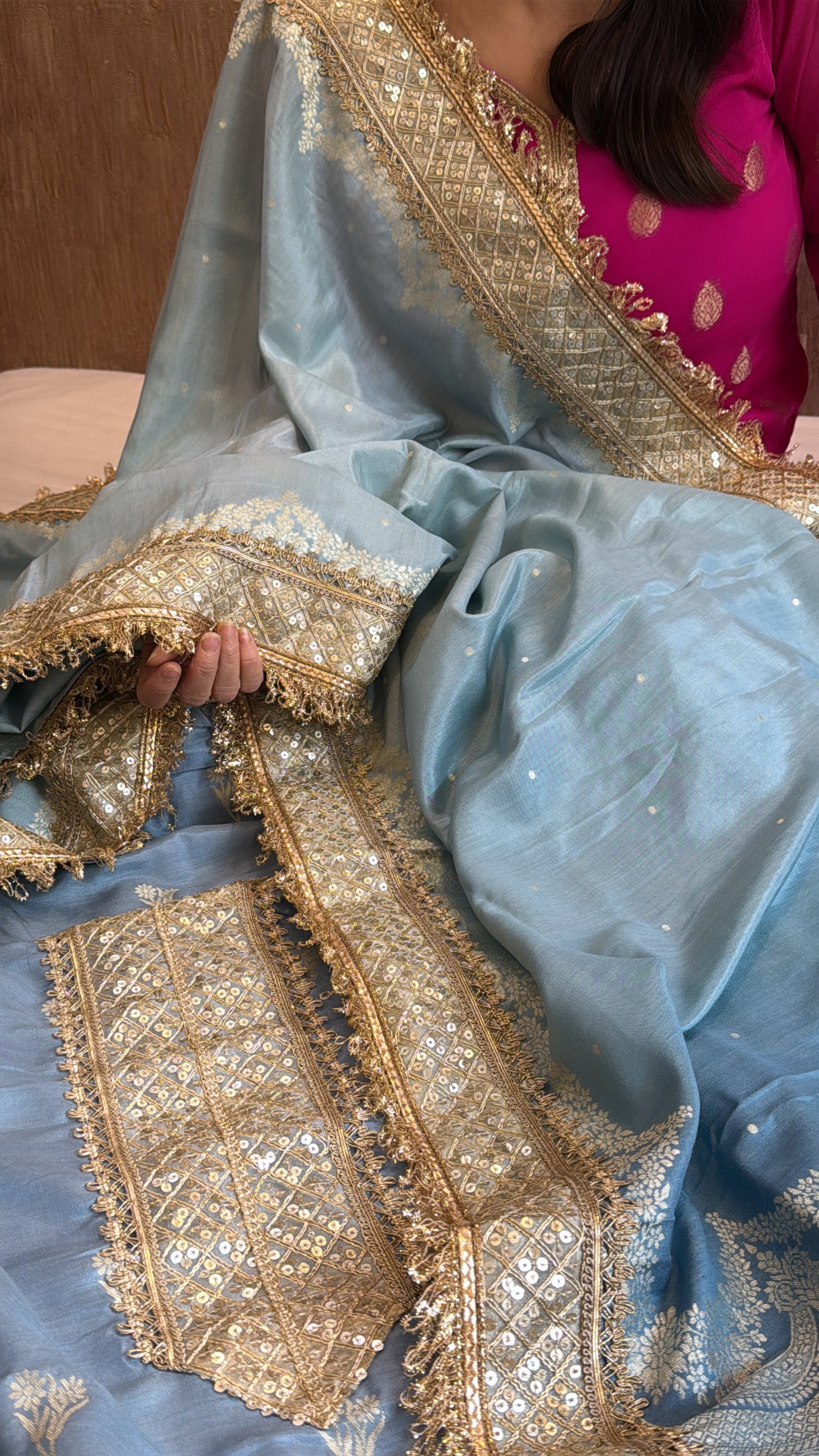 Blush blue ombre shaded moonga silk kadhwa suit set