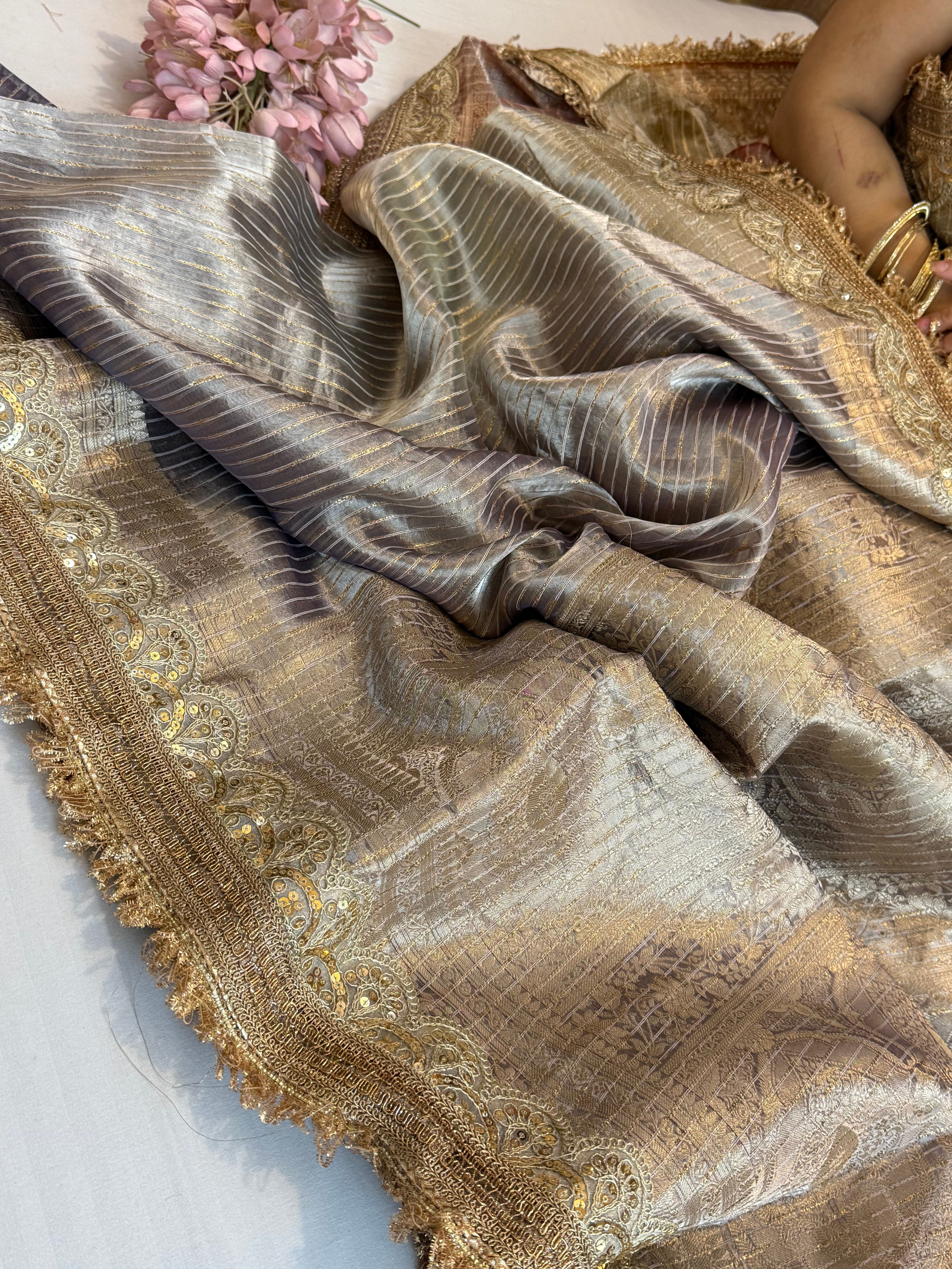 Maharani rang birangi tissue silk zari striped kadhwa saree