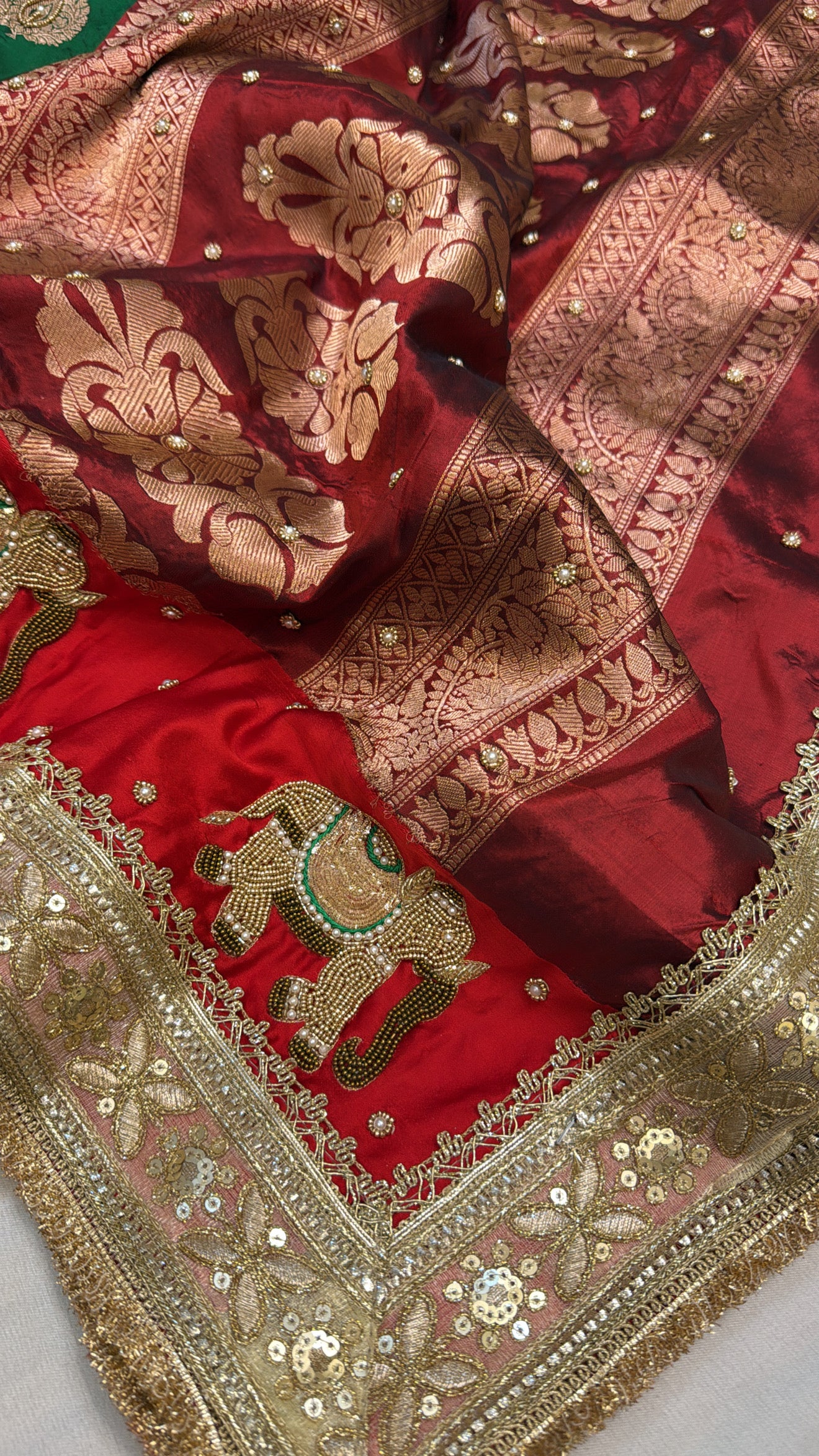 Mashru satin silk saree with contrast border and hand embroidery