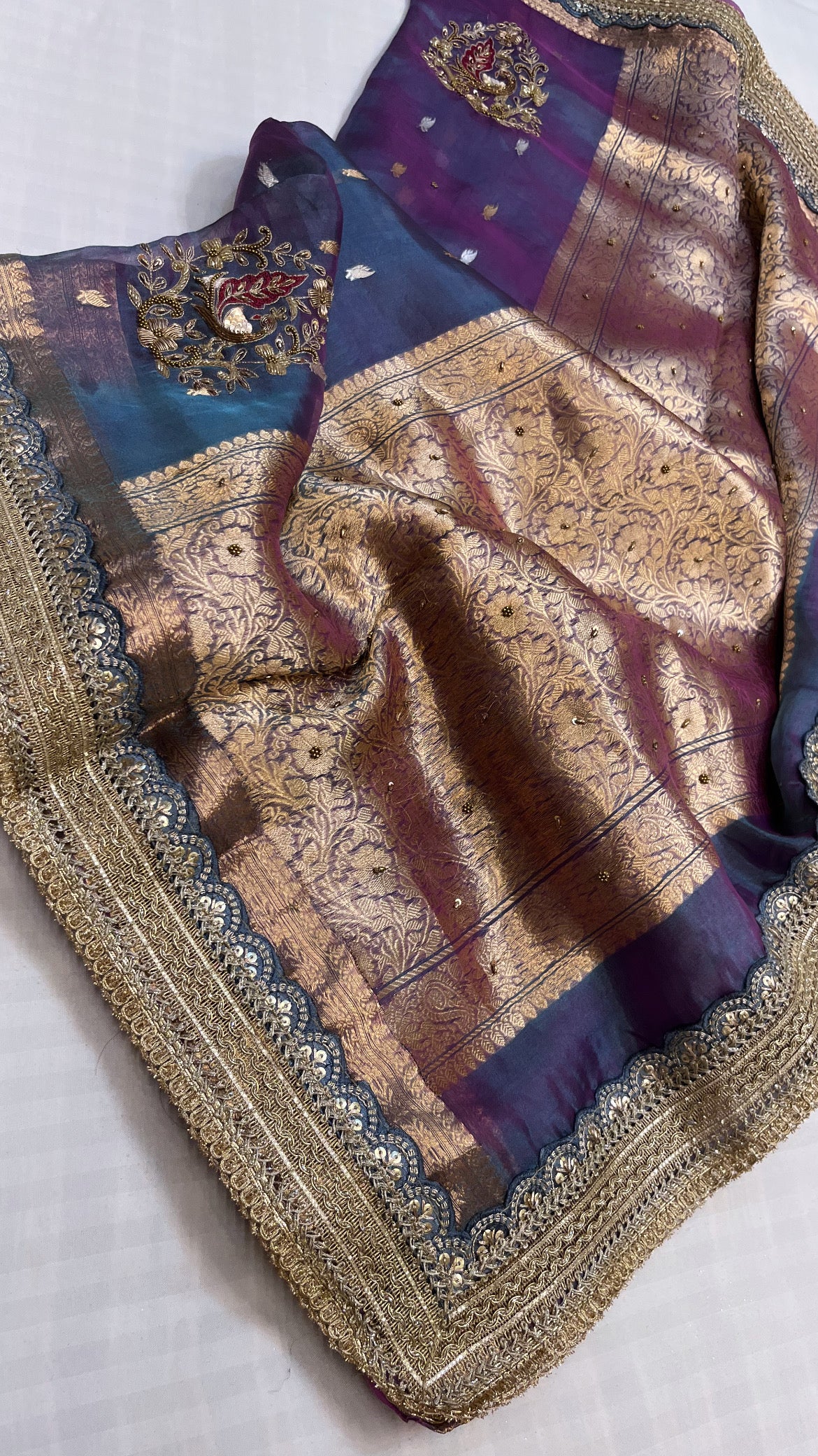 Husn midnight purple tissue silk hand embroidered saree