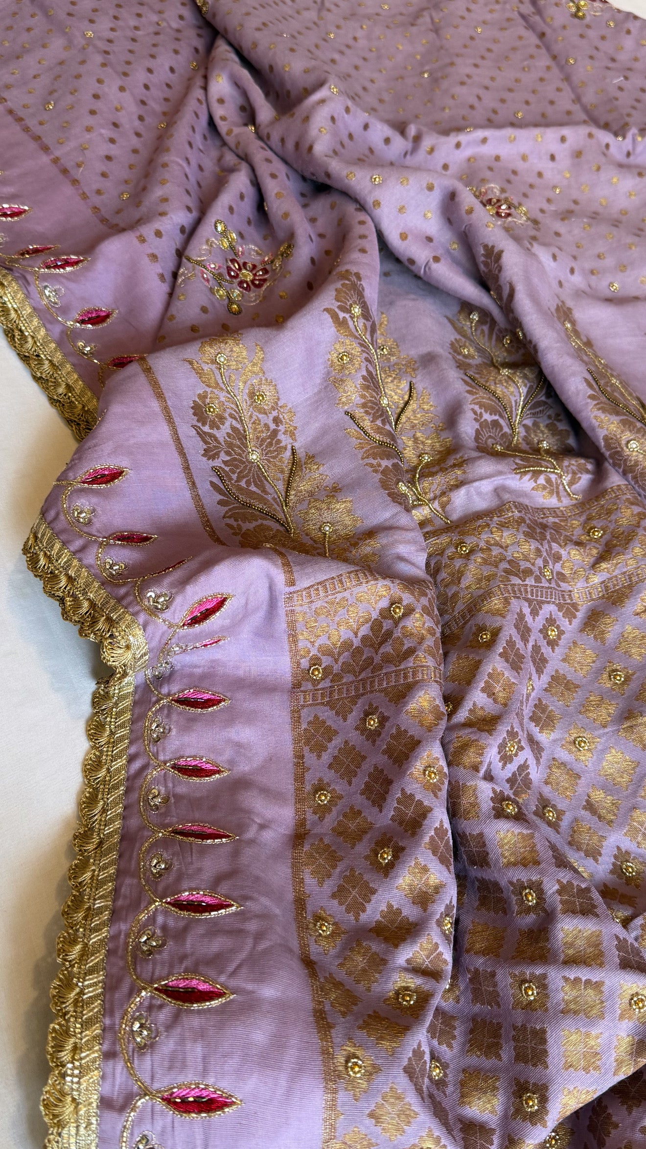 Dusty lilac moonga silk antique zari hand embroidered kadhwa saree