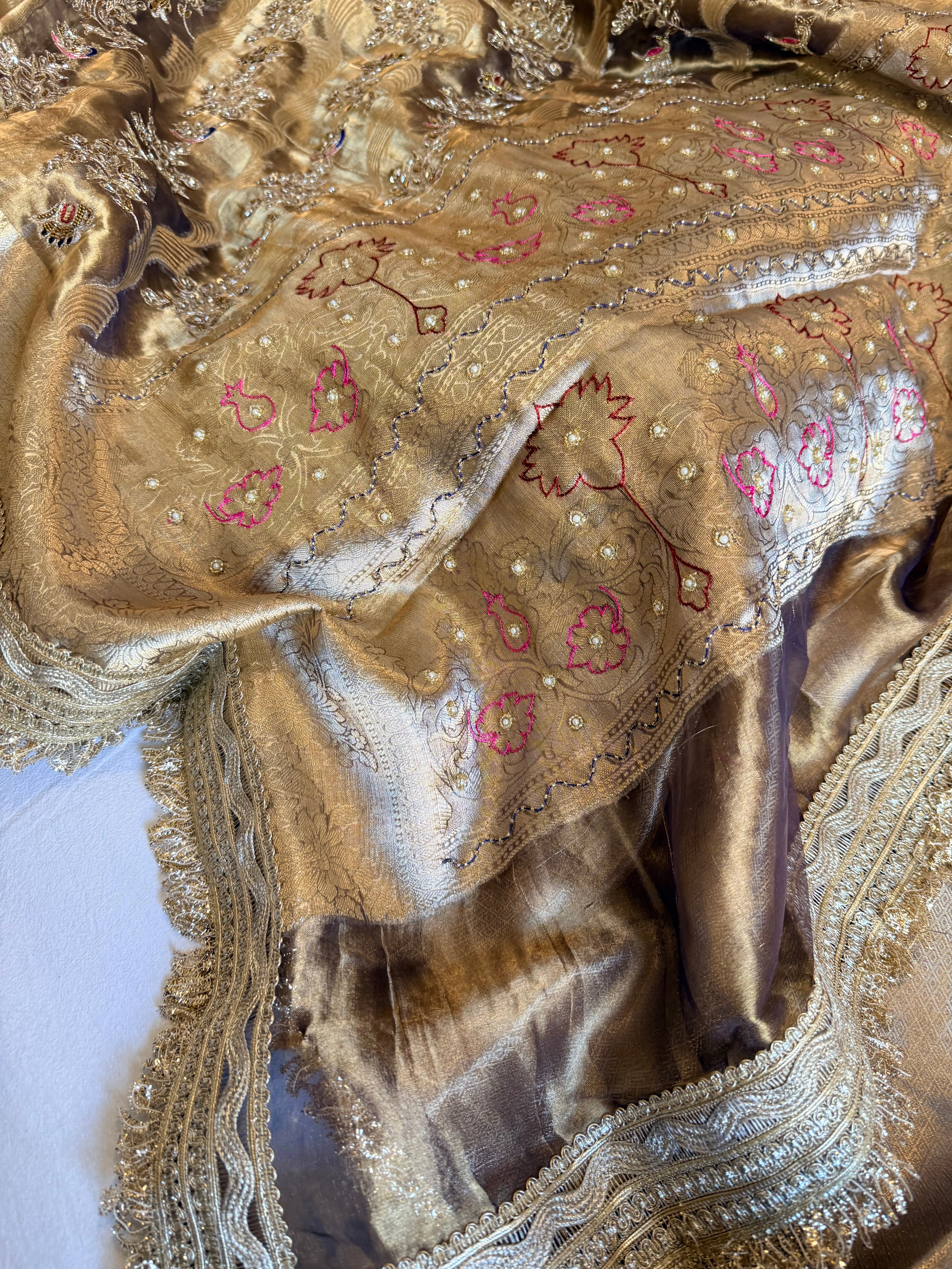 Kanjivaram blue tissue silk shikargah motif hand embroidered saree