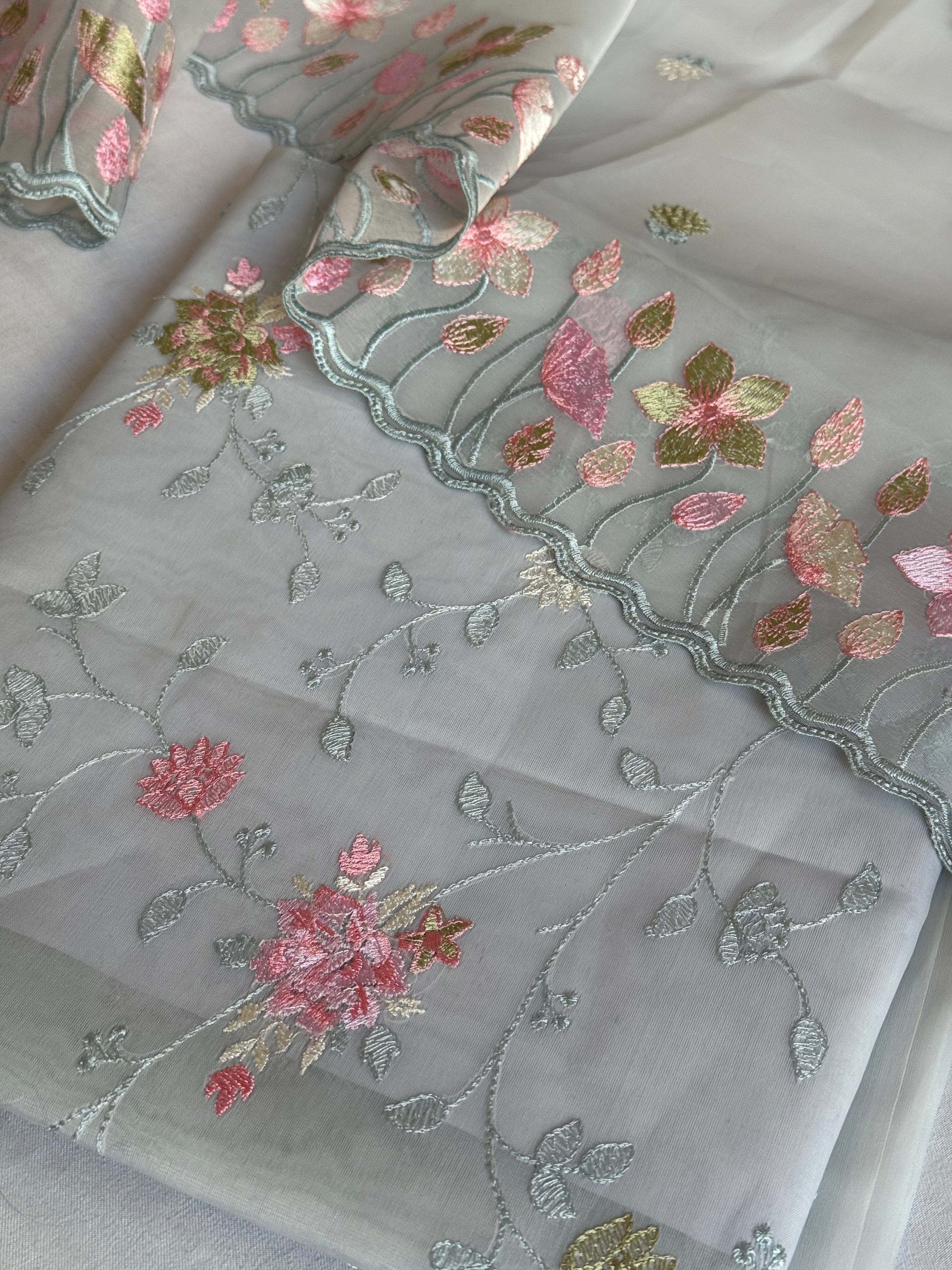 Ice blue kora silk banarasi parsi gara hand embroidered kadhwa suit set