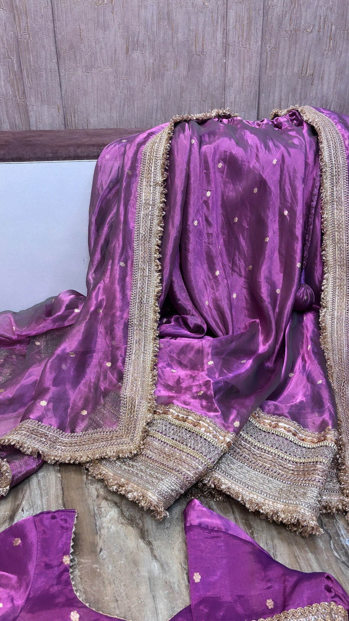 Mastani Metallic rose pink tissue silk kadhwa buti lehenga