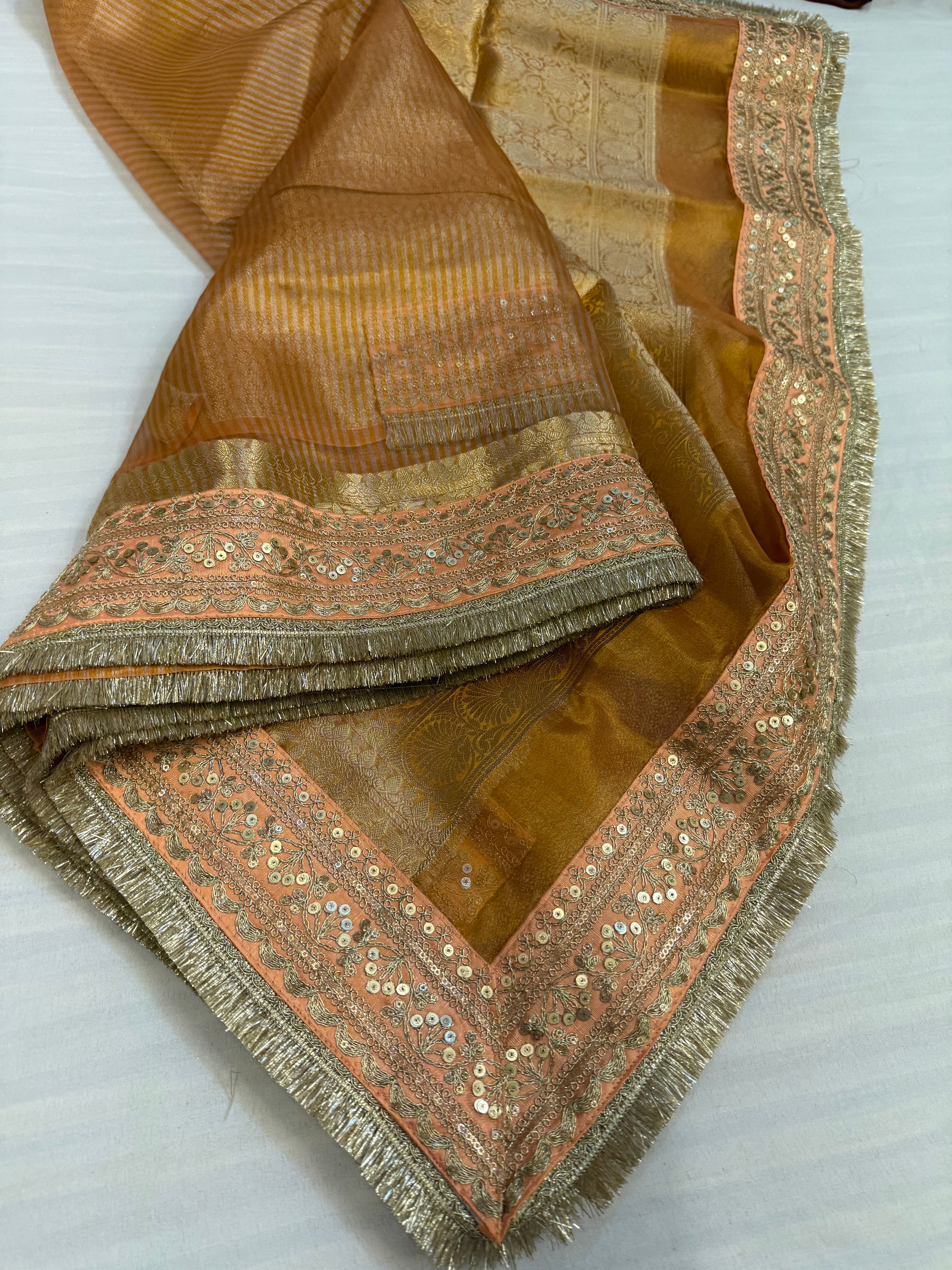 Fanta orange maharani tissue silk striped kadhwa saree