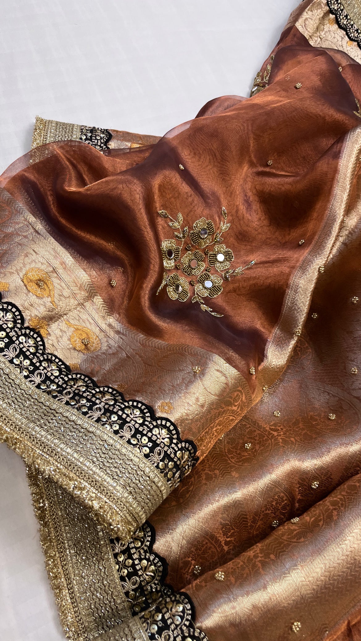 Husn chocolate brown tissue silk hand embroidered saree