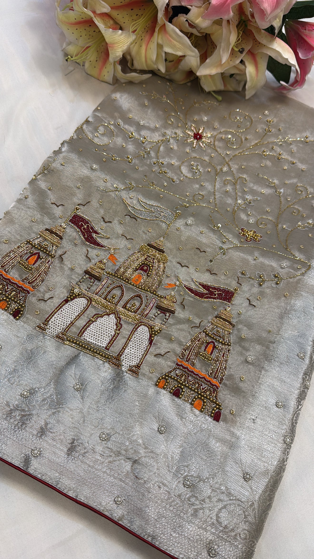 Aashirwad wali diamond tissue silk hand embroidered saree