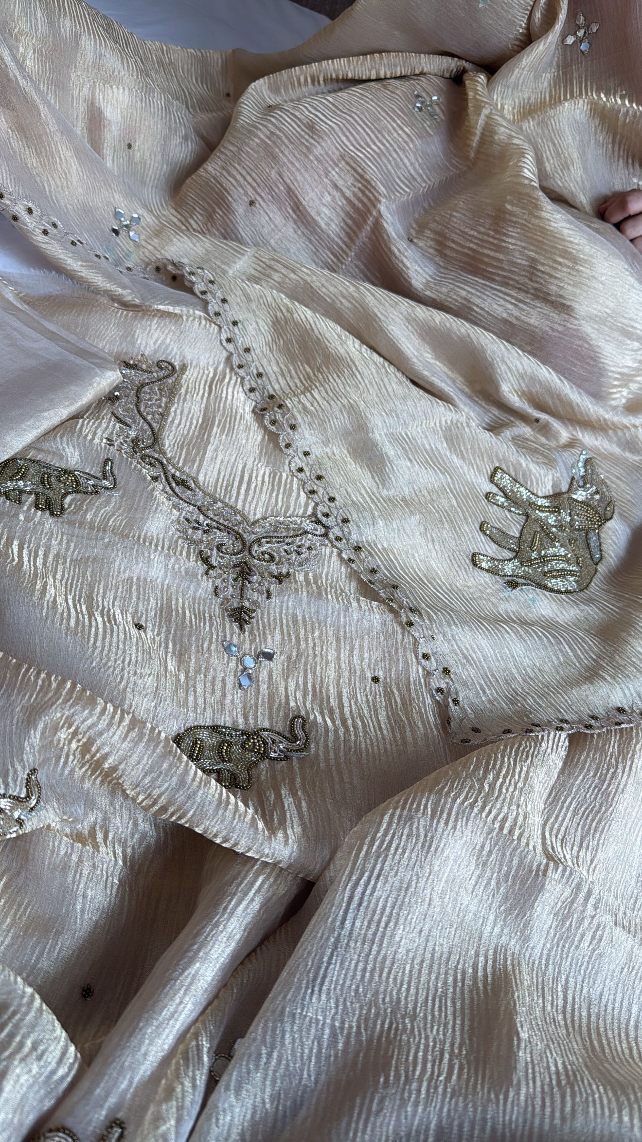 Soft golden crushed tissue silk hand embroidered heeramandi kadhwa suit set
