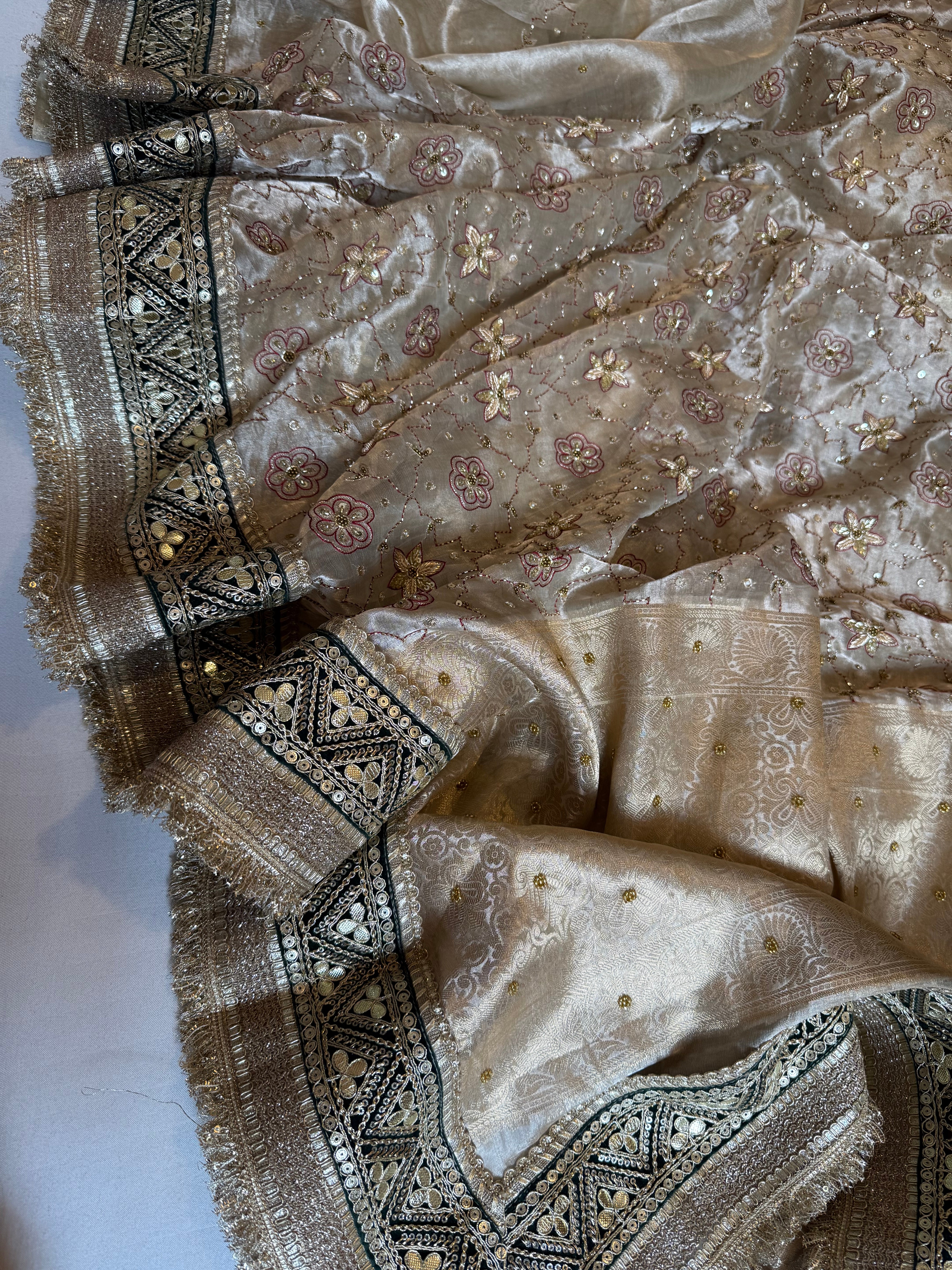 Kutchi inspired tissue silk hand embroidered heavy meenakari gharchola design saree