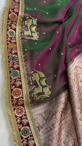 Cocktail wali sarees - Magenta pink dhup chao effect tissue silk hand embroidered saree