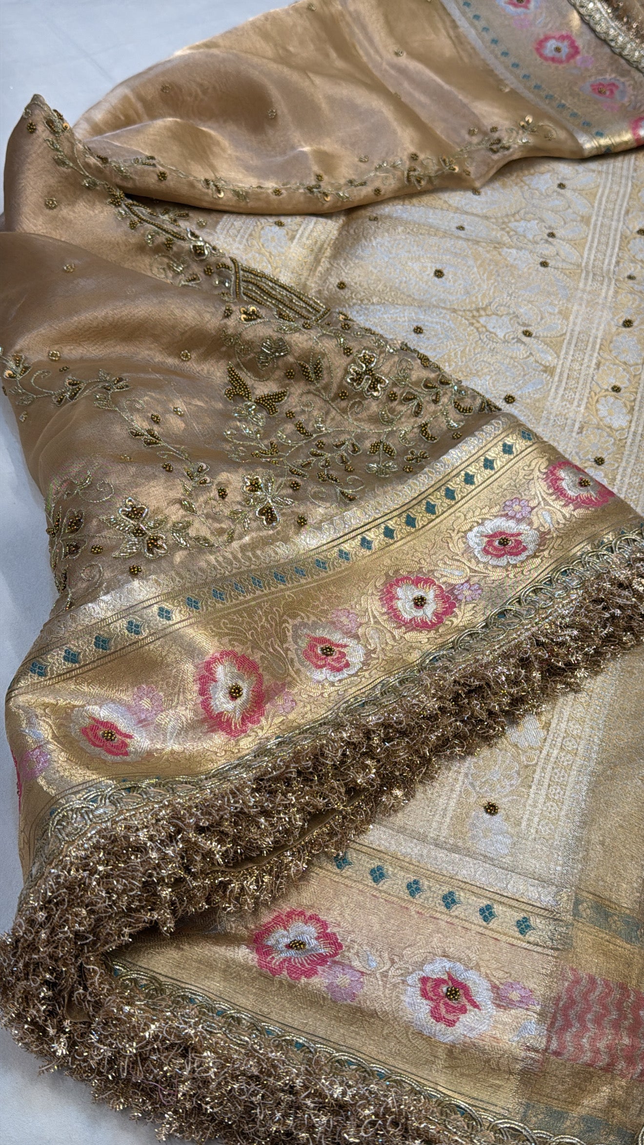Golden husn tissue silk hand embroidered kadhwa meenakari saree