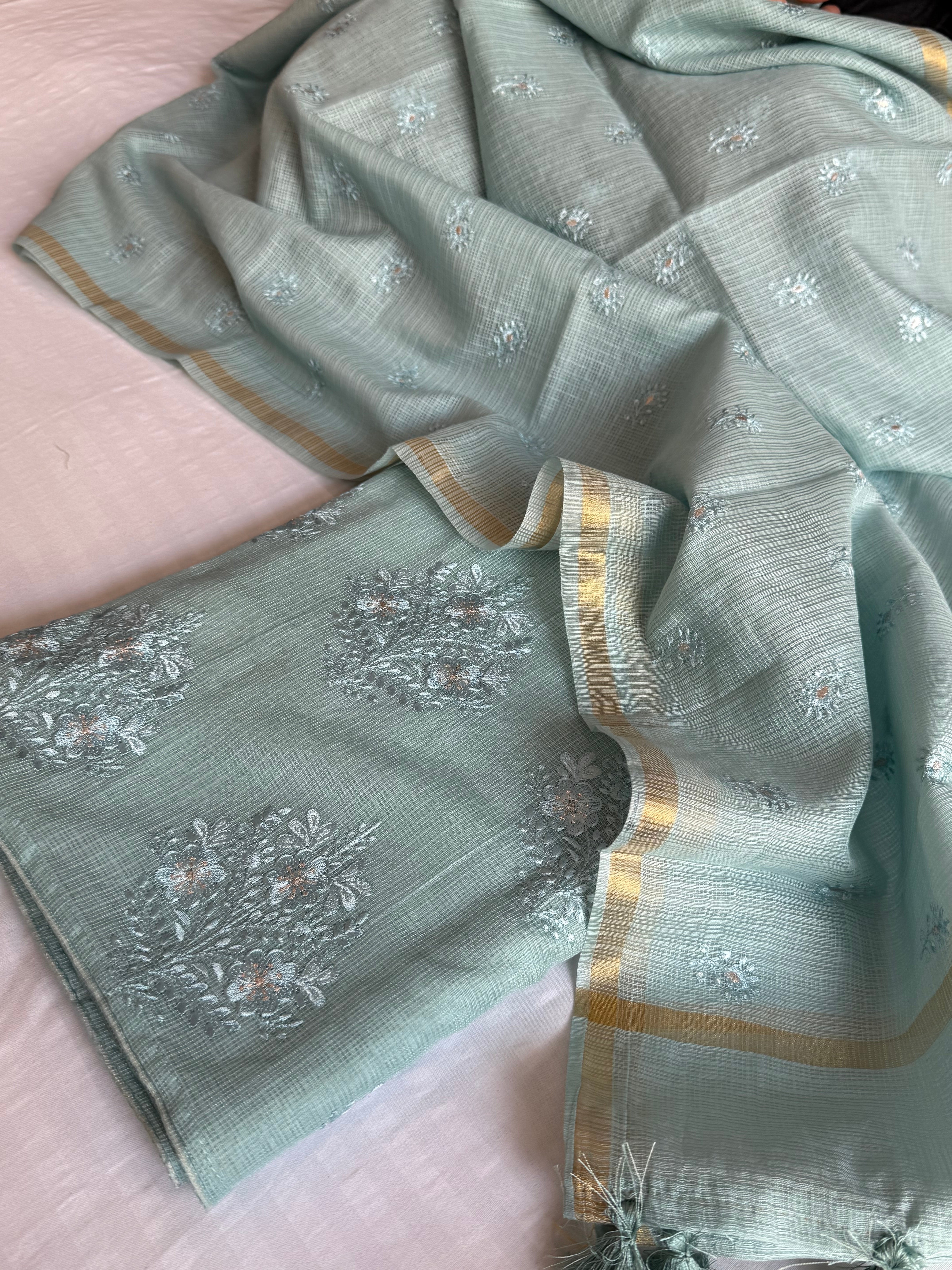 Sage blue kota check appliqué work kadhwa suit set