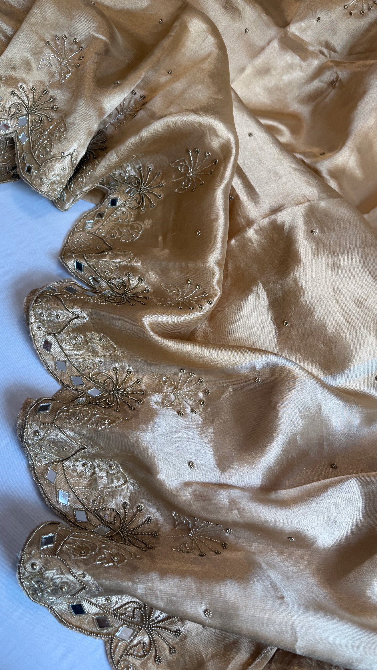 Husn champagne gold tissue silk heavy hand embroidered saree