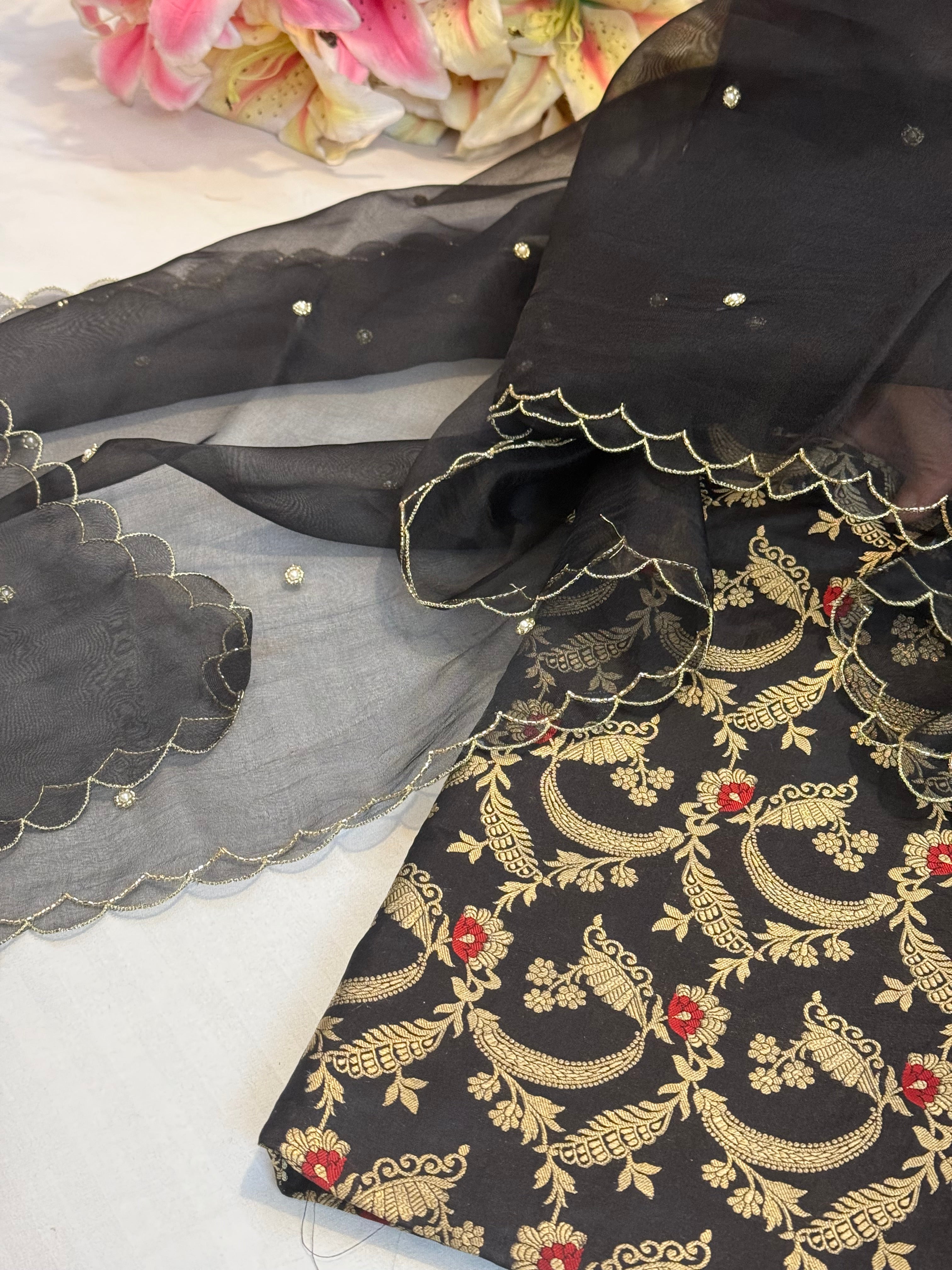 Black katan silk jungla meenakari kurta paired with scalloped kora silk duppata set