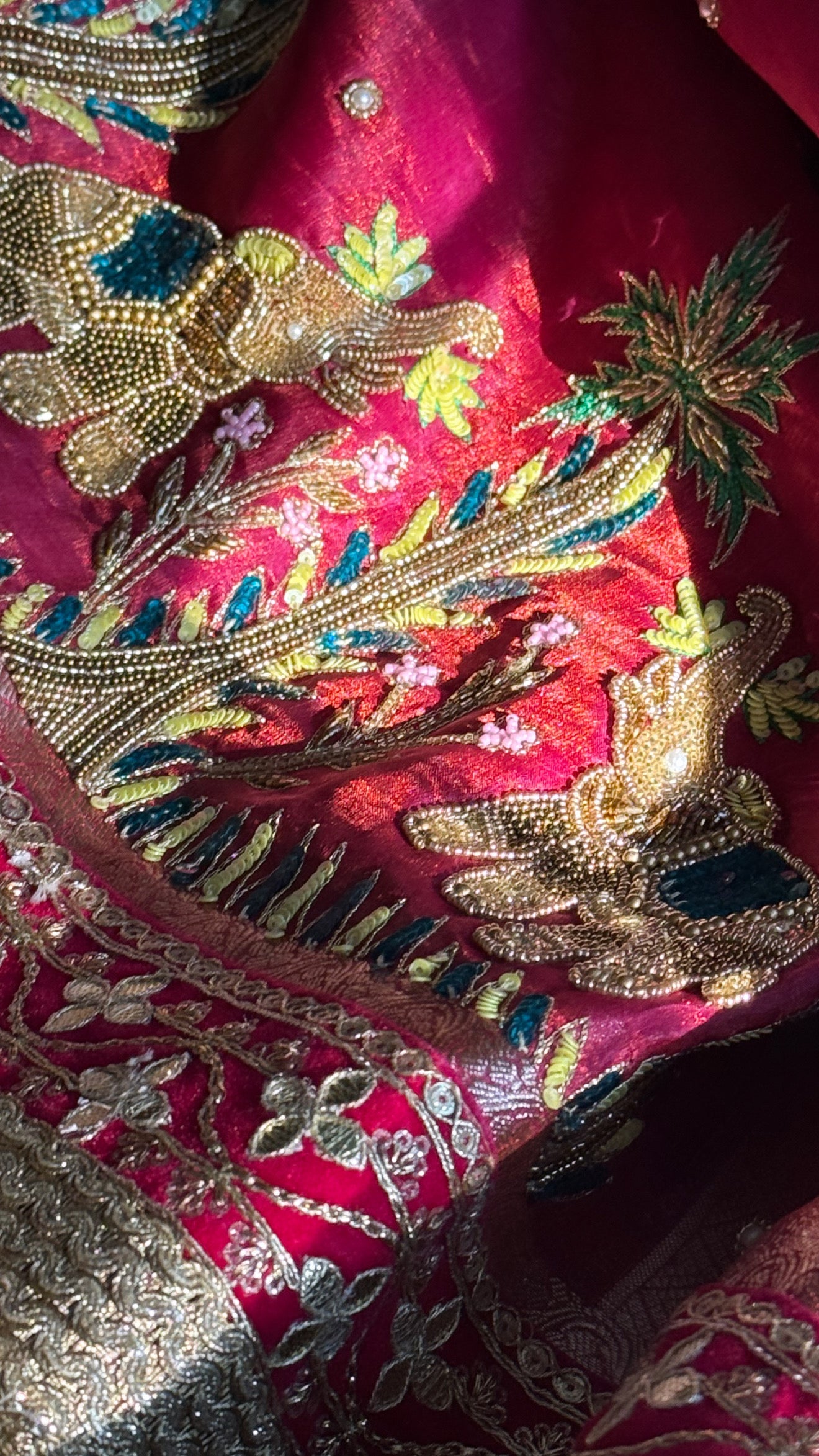 Teej special - Cranberry red tissue silk elephant motif hand embroidered kadhwa saree