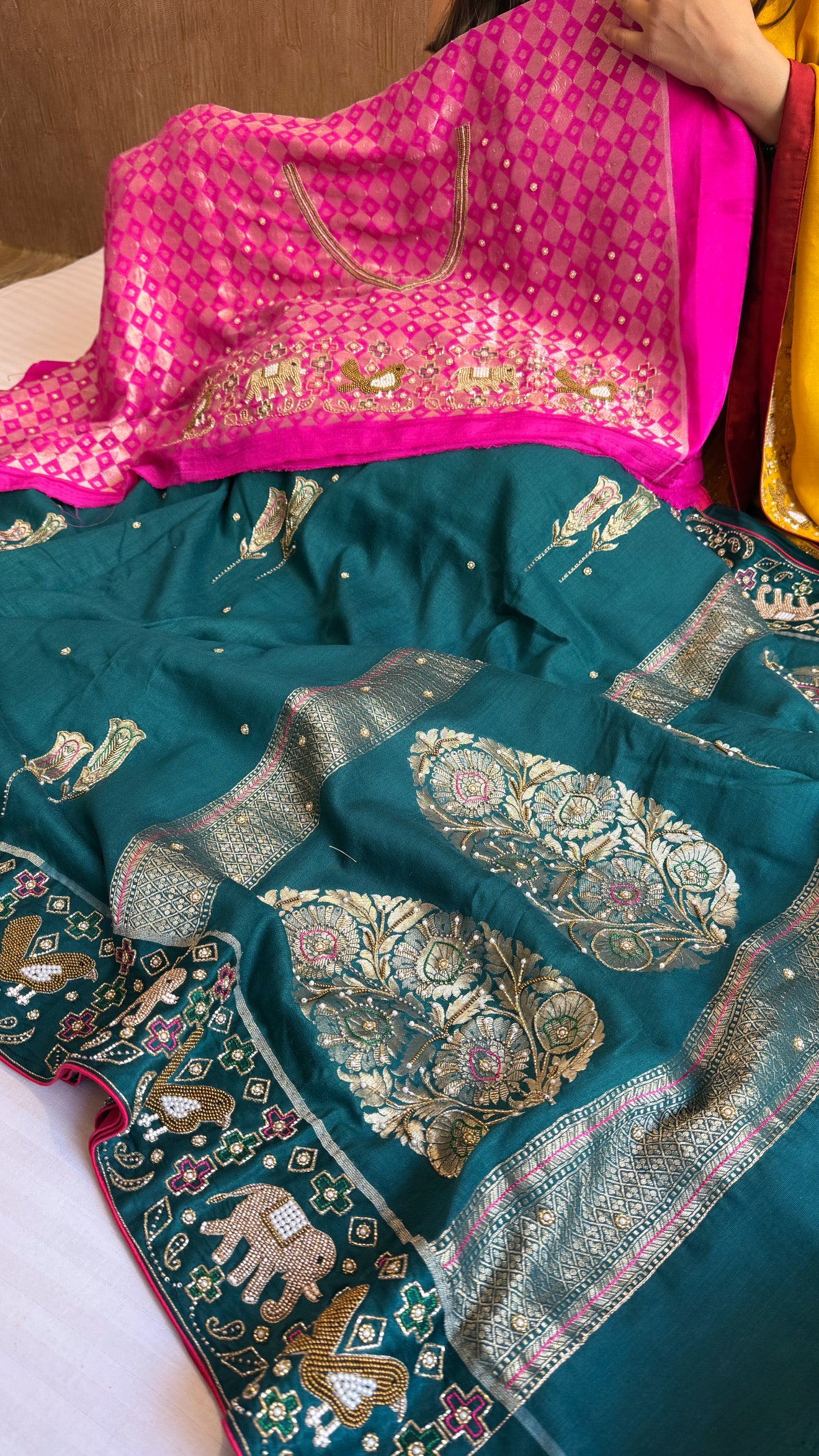 Moonga silk ikkat patola weaving inspired hand embroidered kadhwa saree