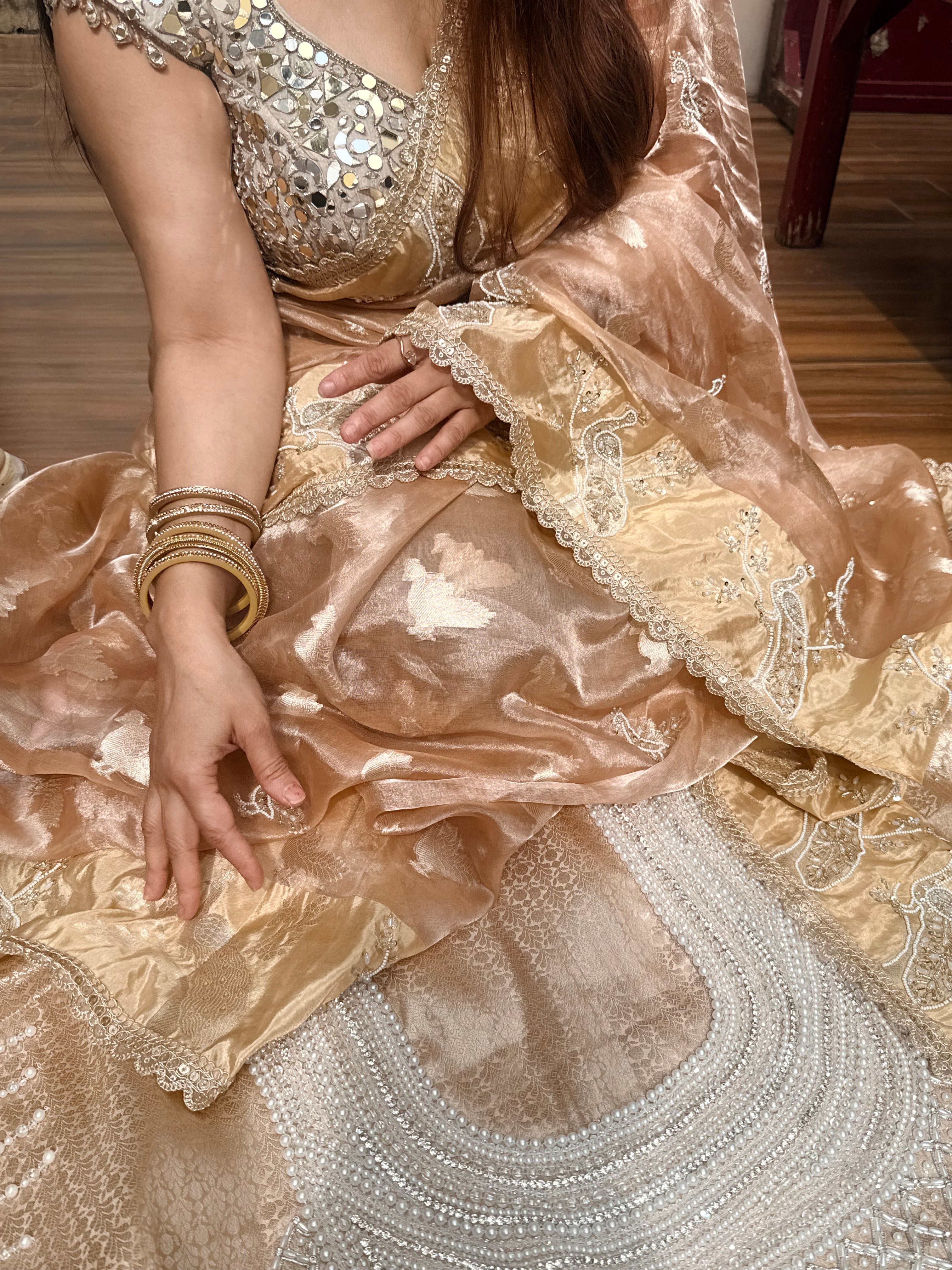 Tyohaar edit - Pearlwork morni hand embroidered tissue silk kadhwa saree