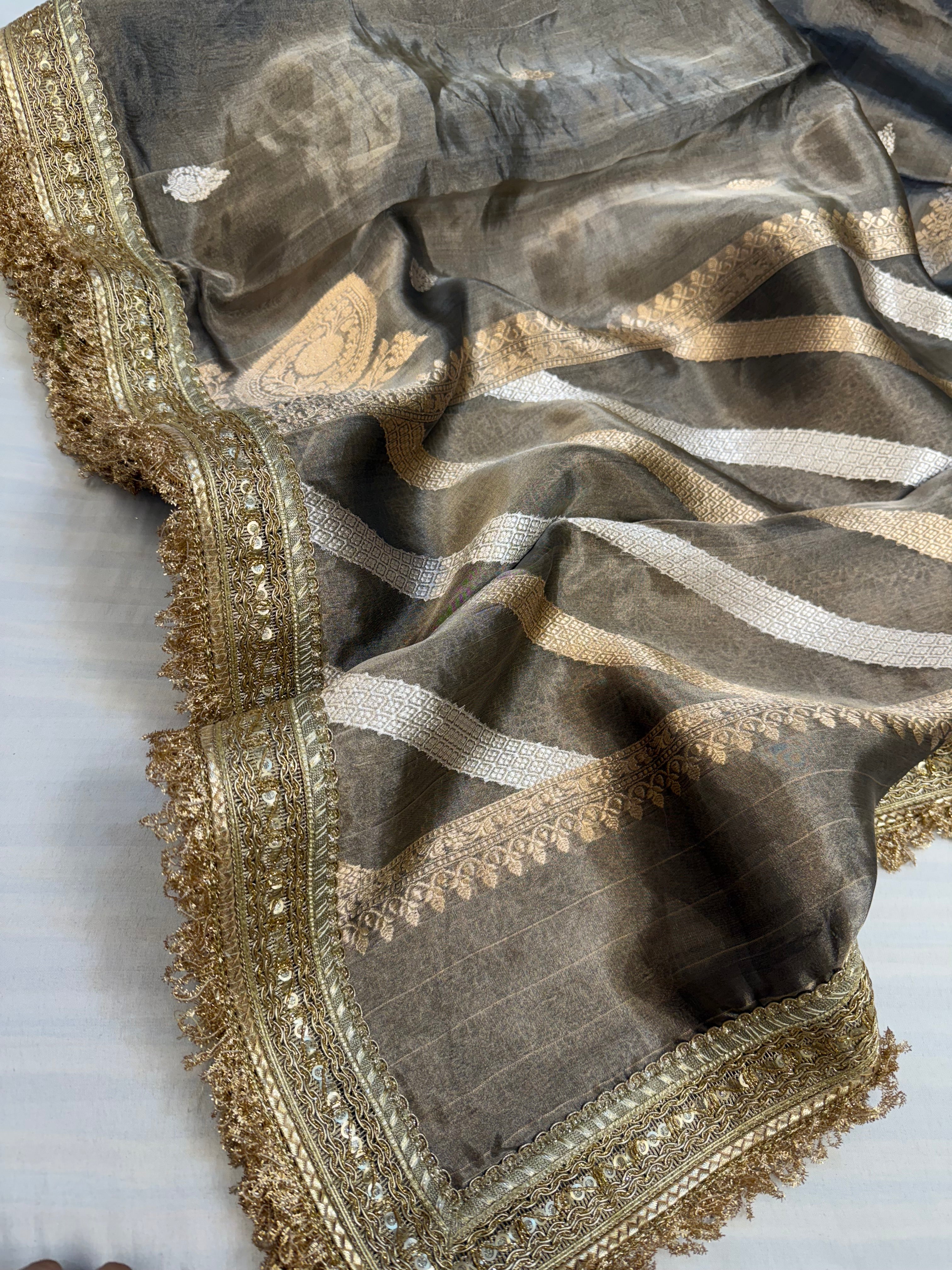 English grey maharani tissue silk kohniya buti kadhwa saree