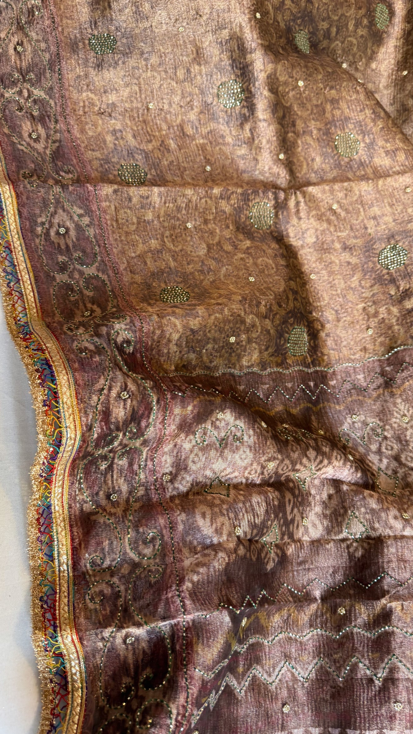 Printed tissue silk heavy hand embroidered kadhwa gotapatti saree