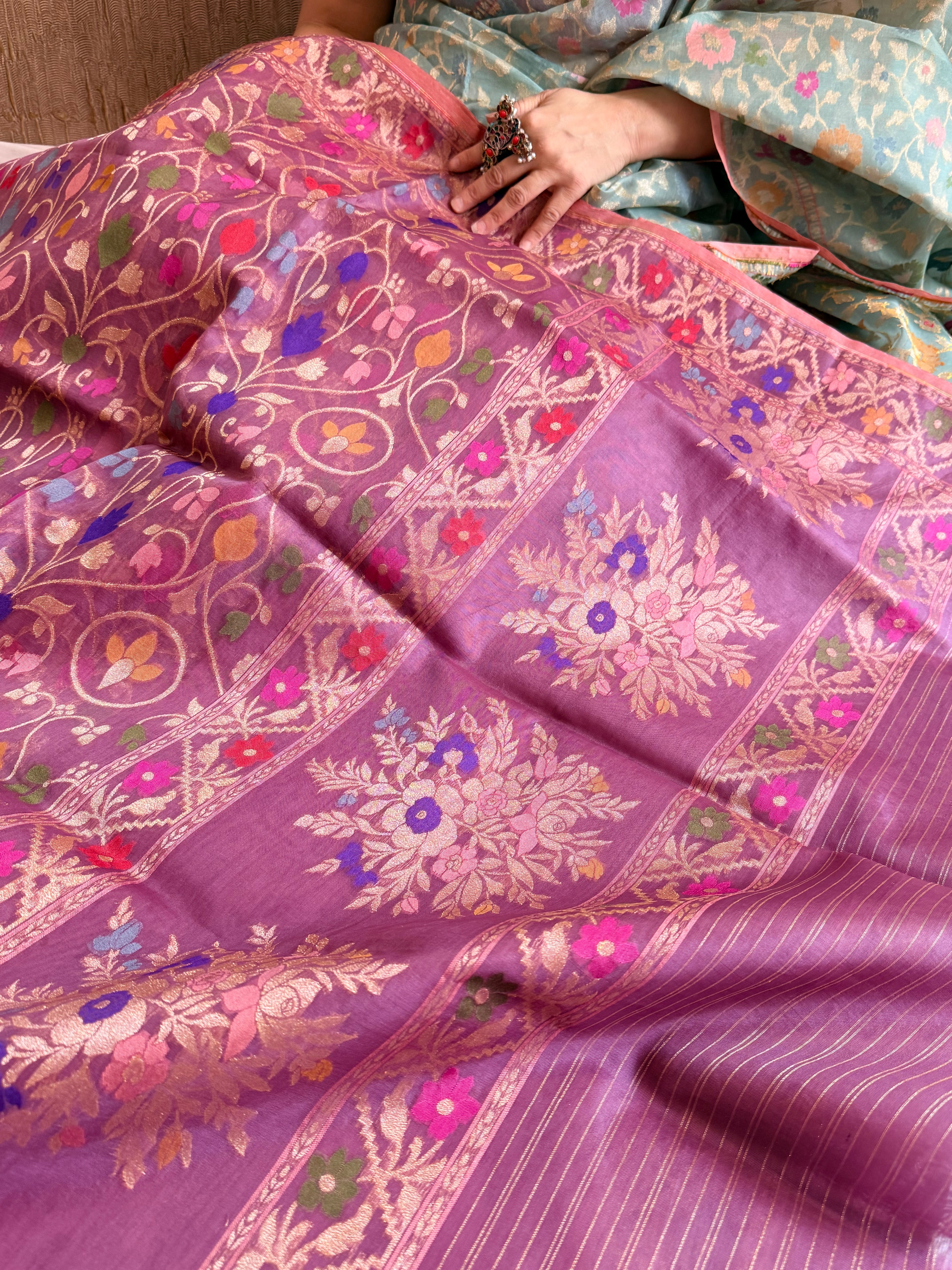 Banarasi kora silk net lavender purple iktara jamdani kadhwa saree
