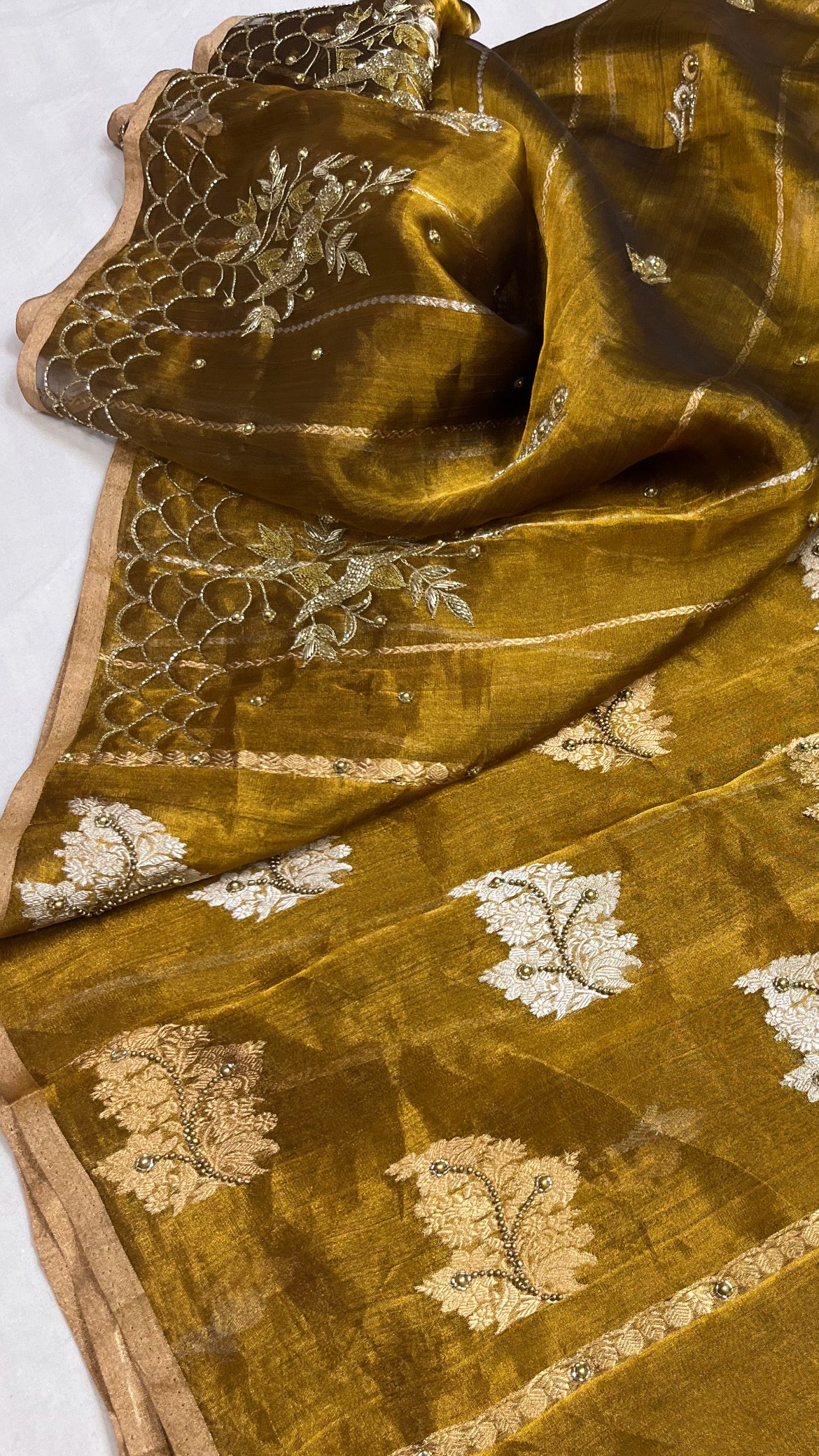 Husn metallic gold tissue silk hand embroidered saree