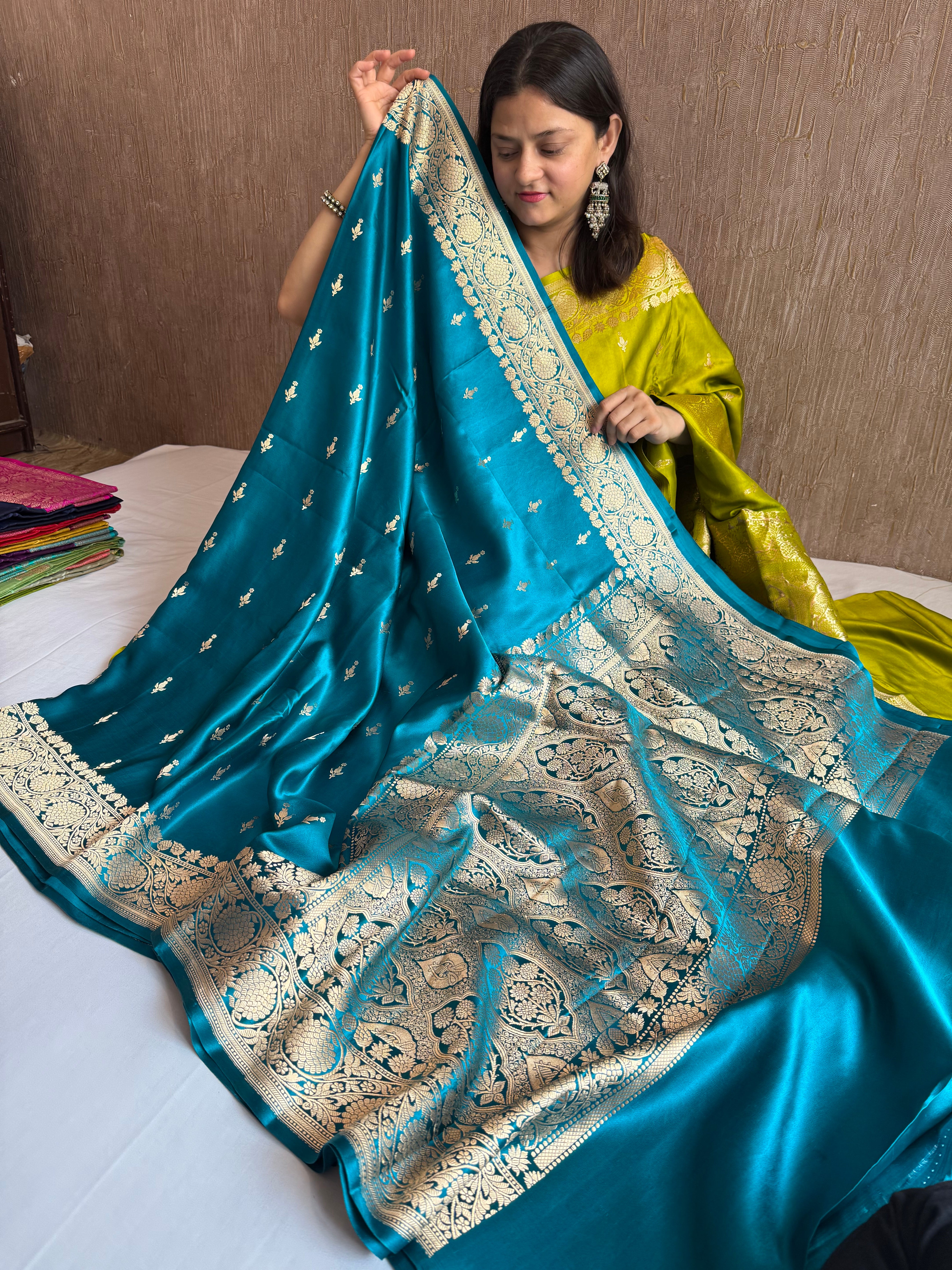 Teal shade banarasi mashru silk kadhwa border saree