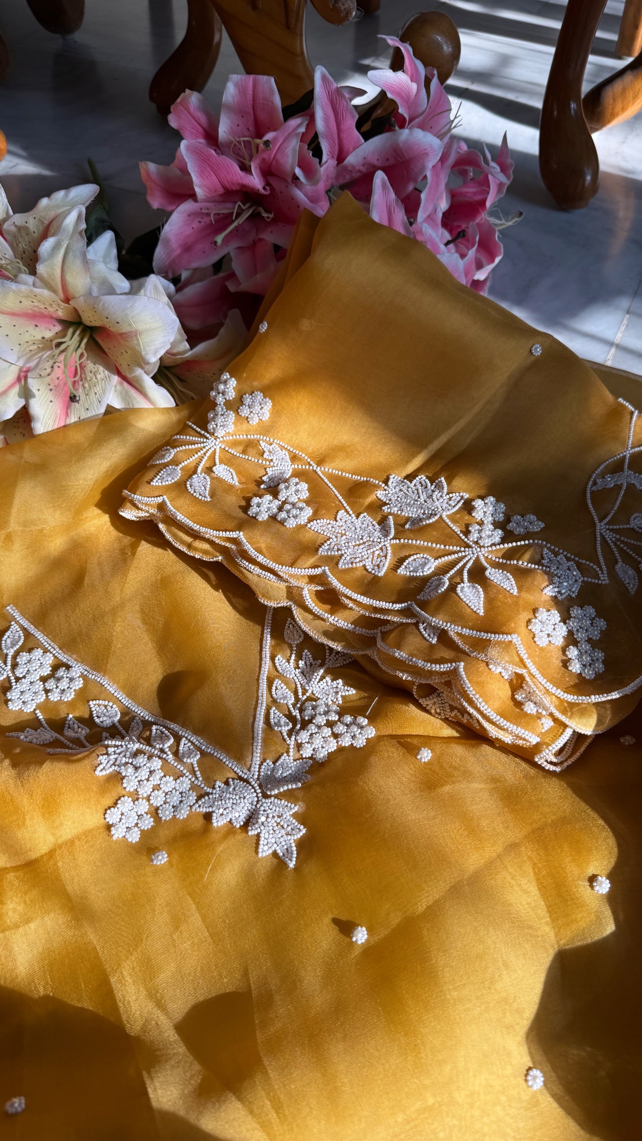 Mustard pearl work heavy hand embroidered kora silk suit set